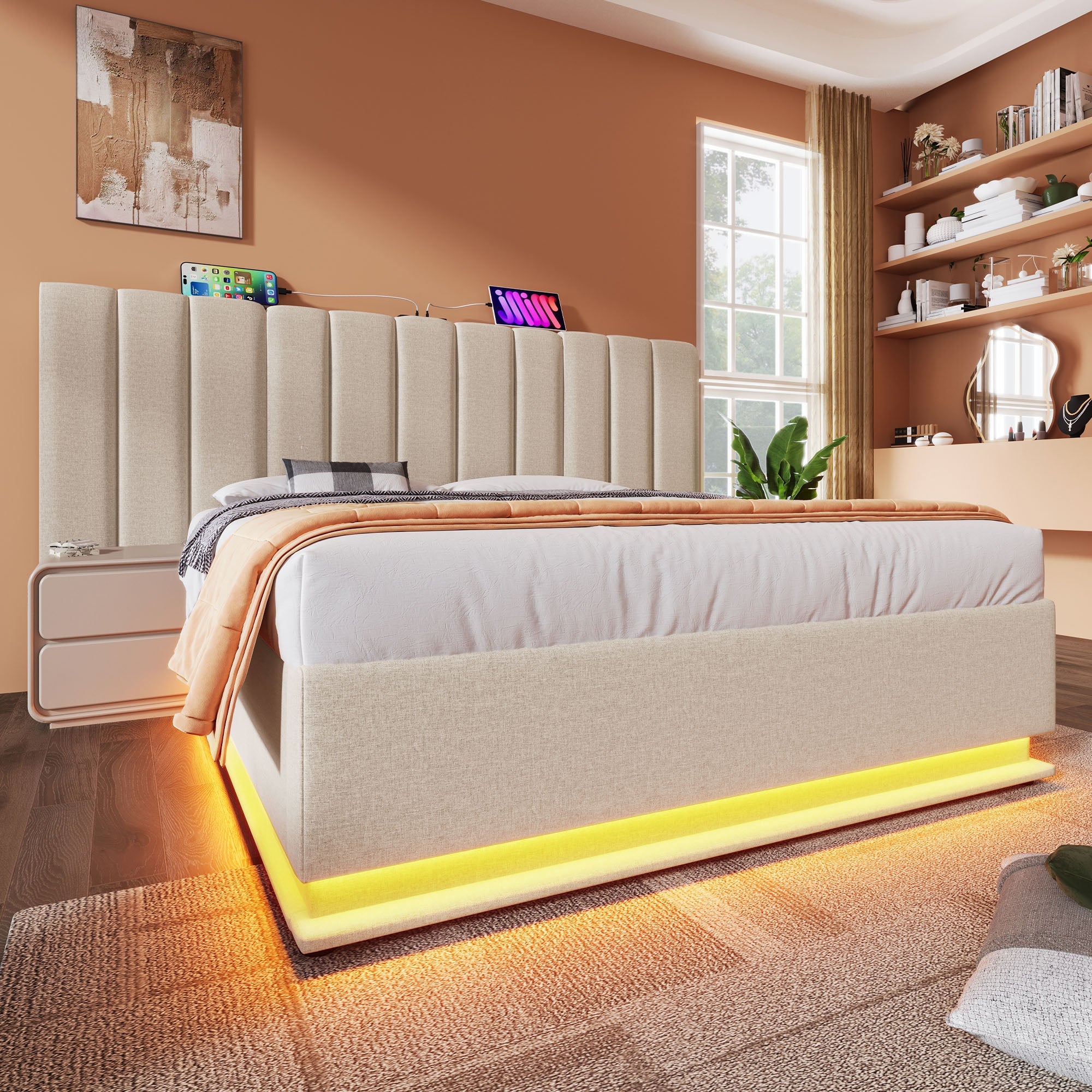 Logidon gestoffeerd bed 180x200 opbergruimte met LED USB oplaadfunctie beige