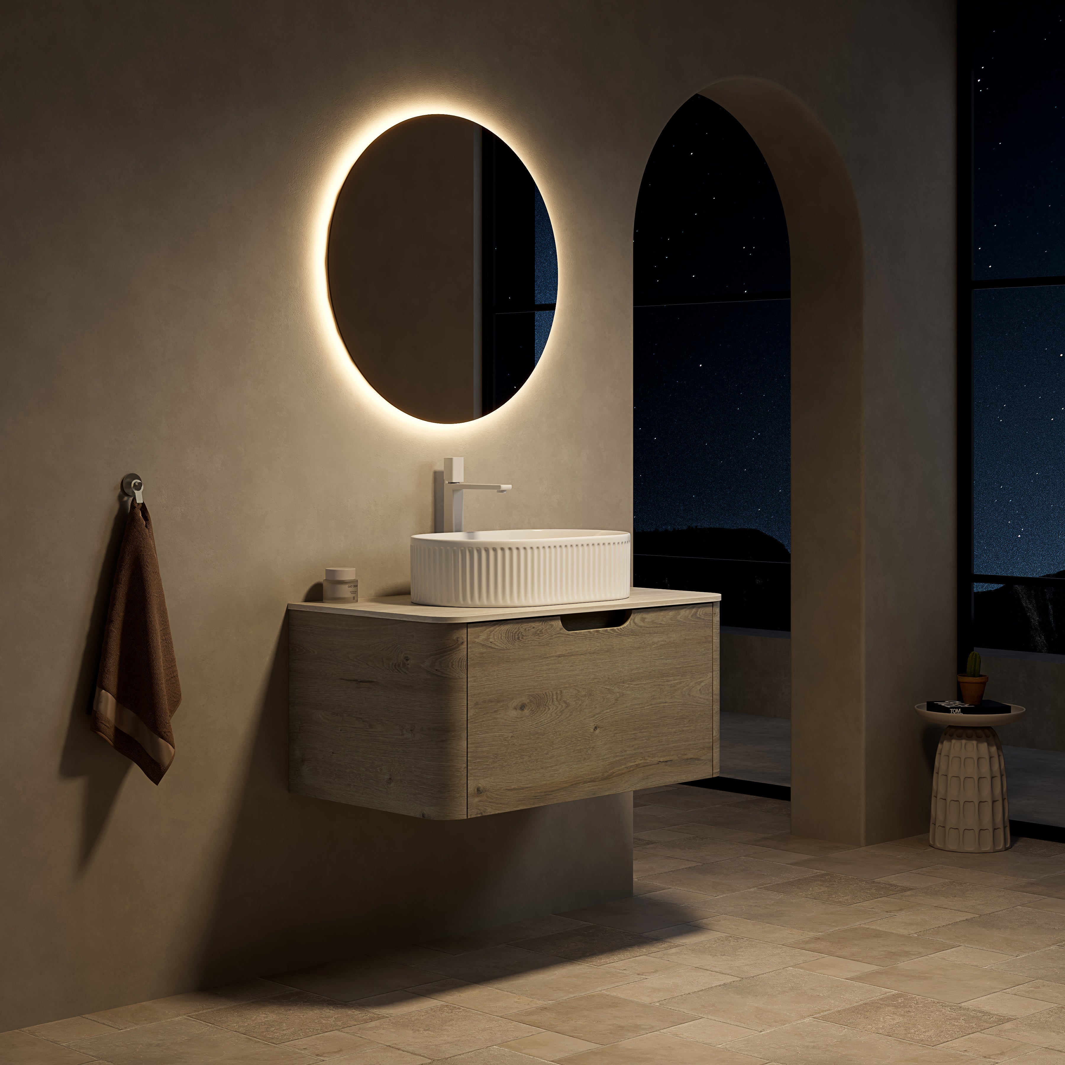 Logidon 80 cm floating bathroom furniture with travertine sintered stone top