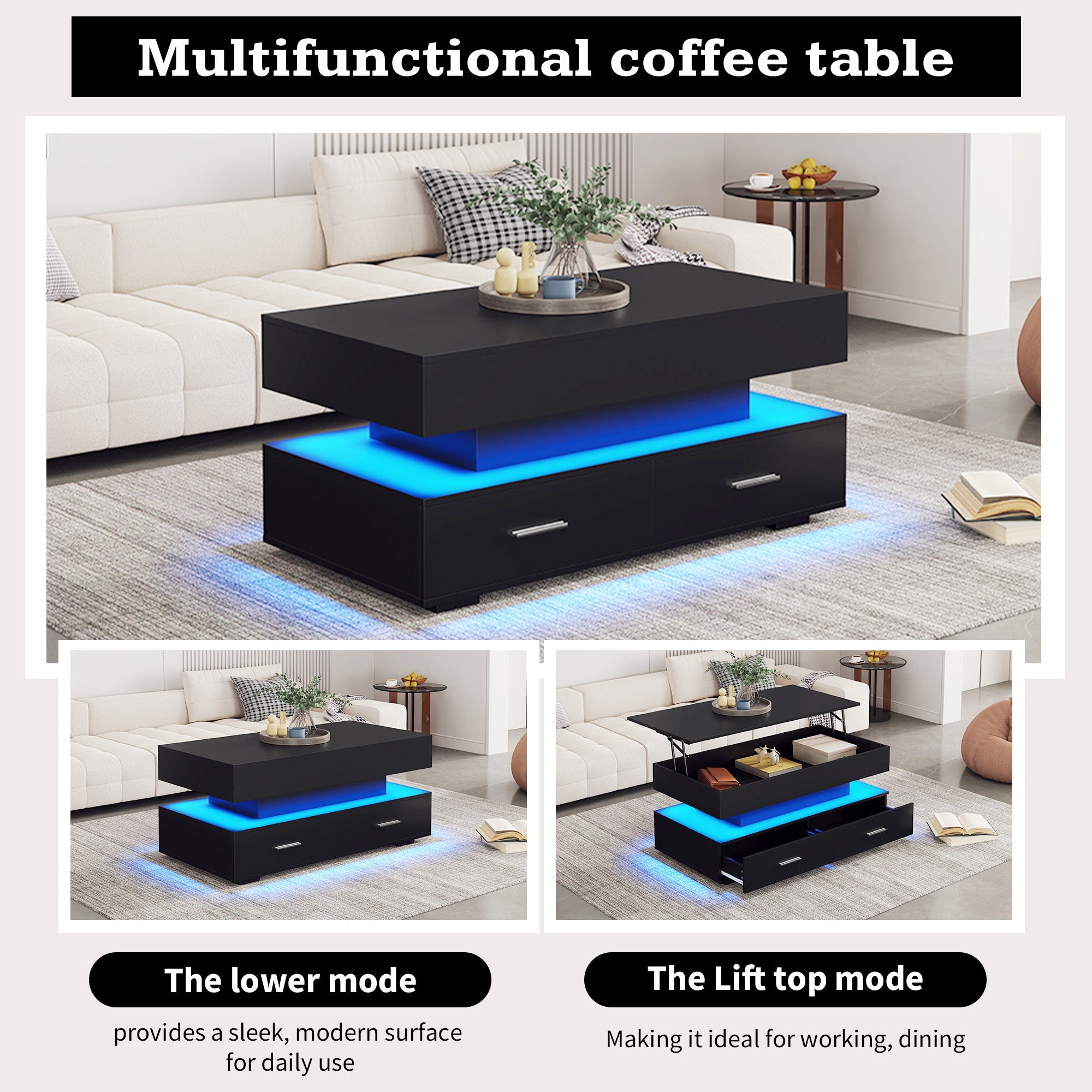 Logidon Verstelbare Salontafel 100x50x44 cm Zwart LED Verlichting