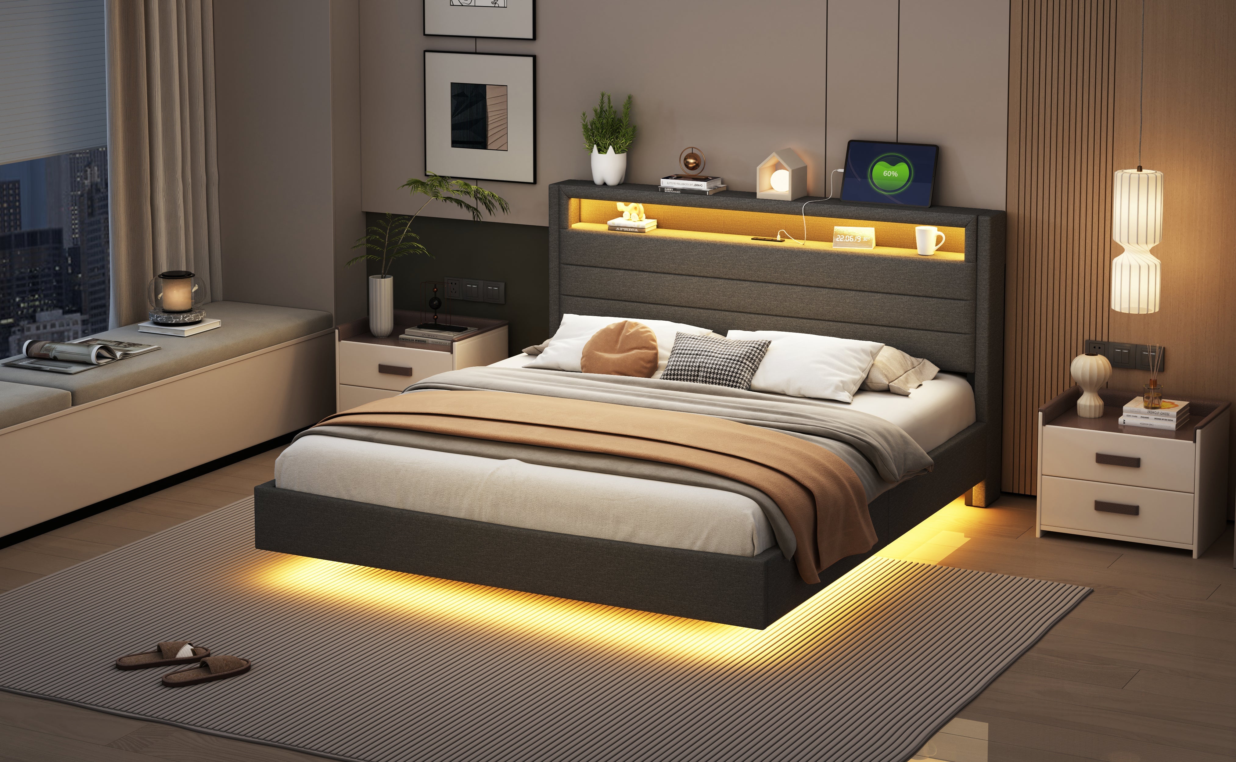 Logidon gestoffeerd bed 160x200 linnen stof USB Omkeerbaar LED-hoofdeinde