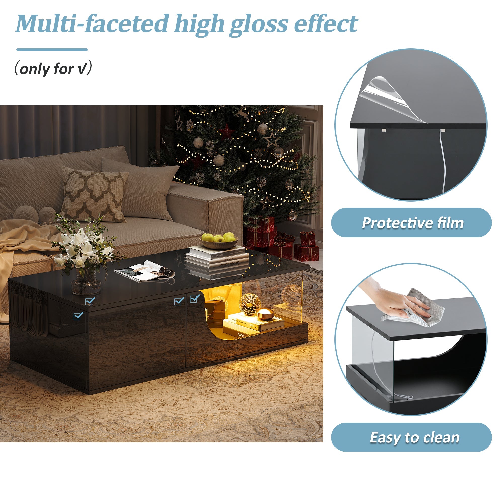 Logidon Zwarte hoogglans salontafel 100x50x30 cm LED-verlichting