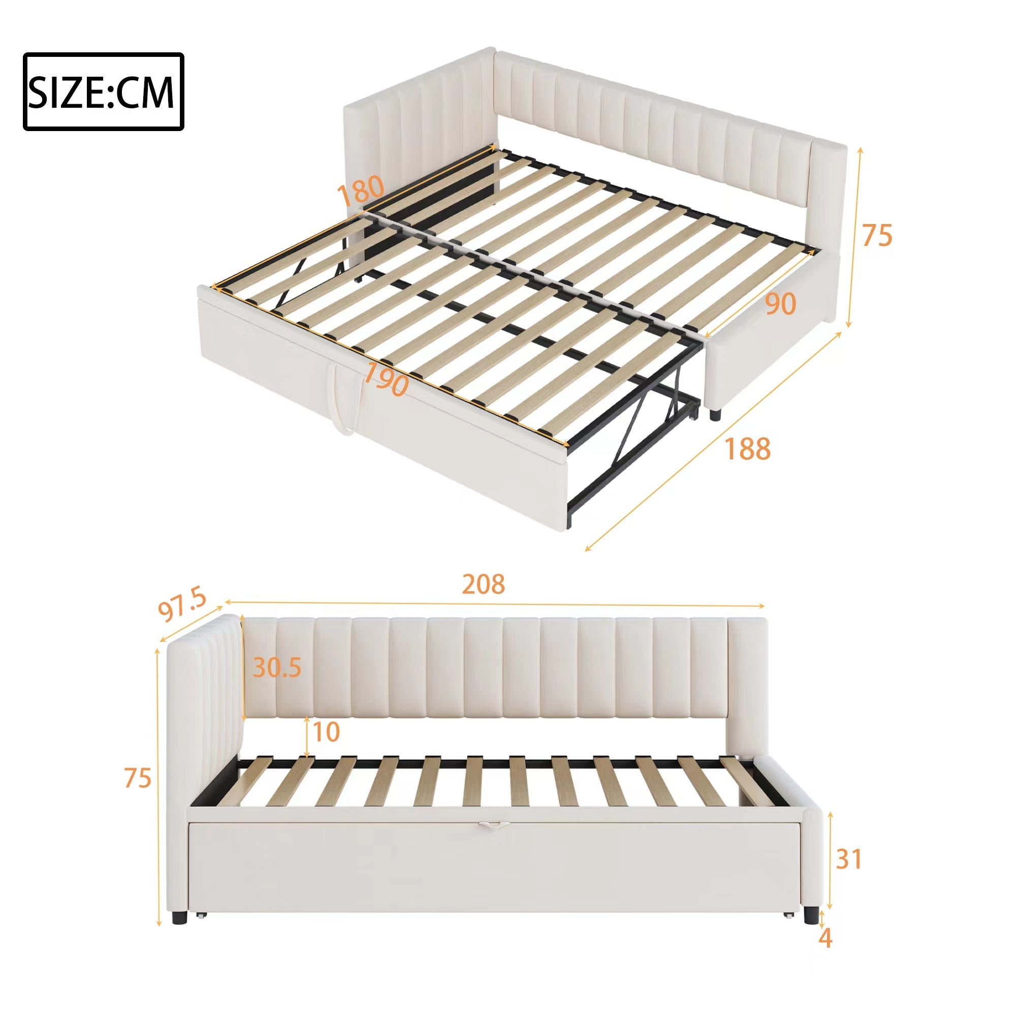 Logidon slaapbank L-vorm beige fluwelen uitschuifbed 90/180x200