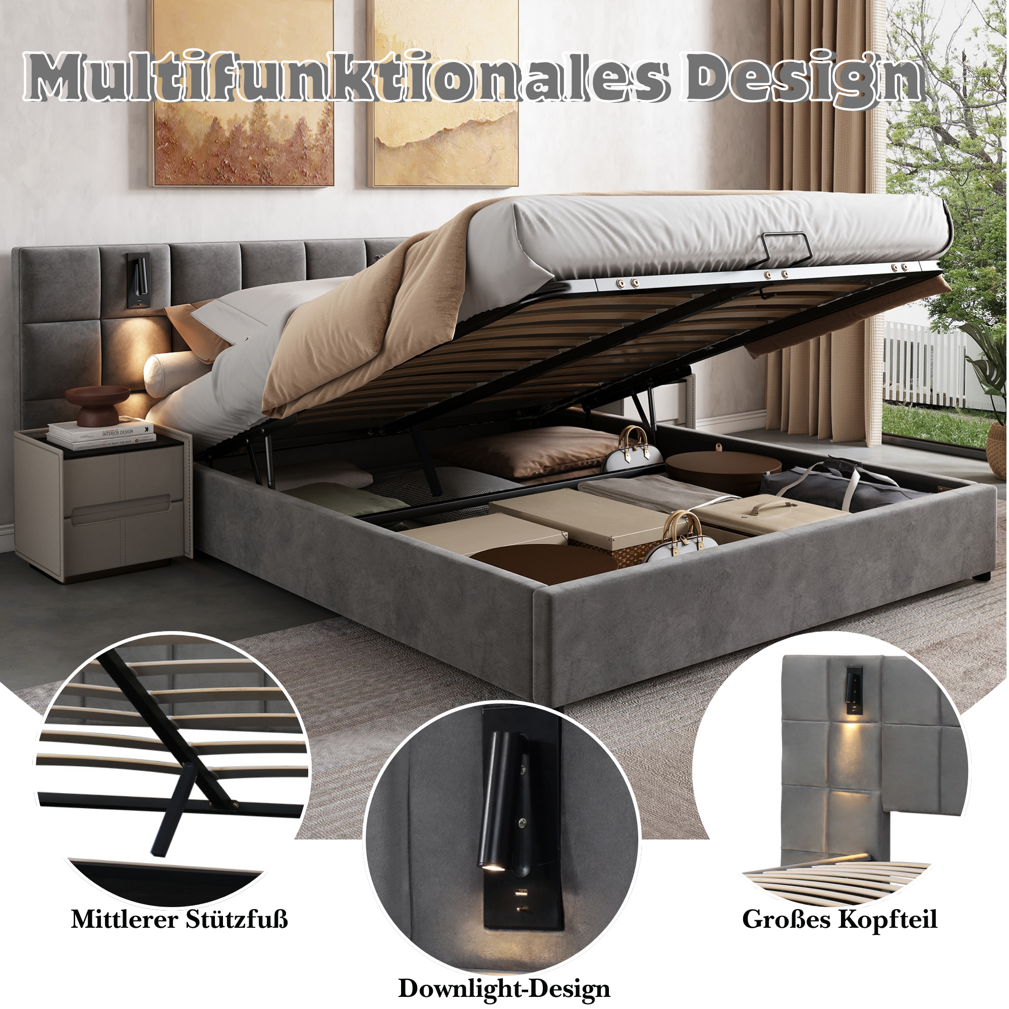 Logidon upholstered bed 160x200 cm gray velvet with storage space reading lamp USB