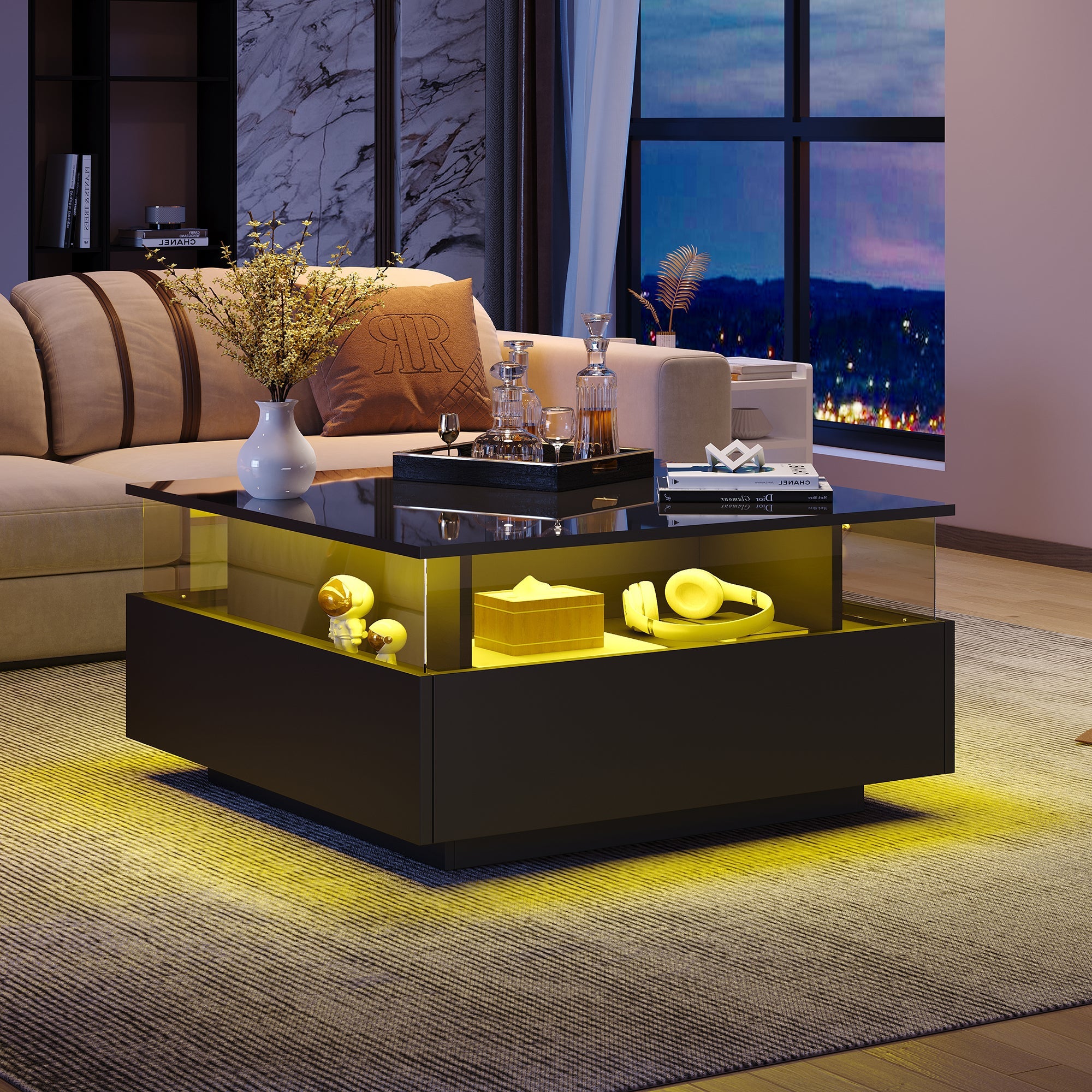 Logidon hoogglans LED salontafel 90x55x45 cm zwart 2 lades