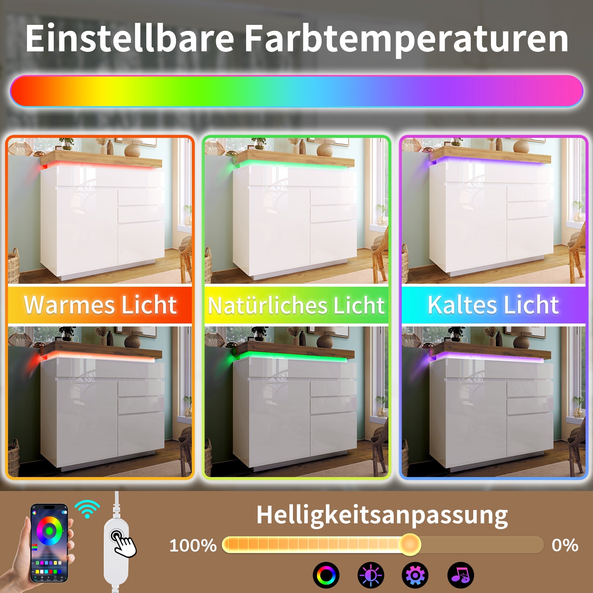Logidon high gloss chest of drawers white LED lighting app control 2 doors