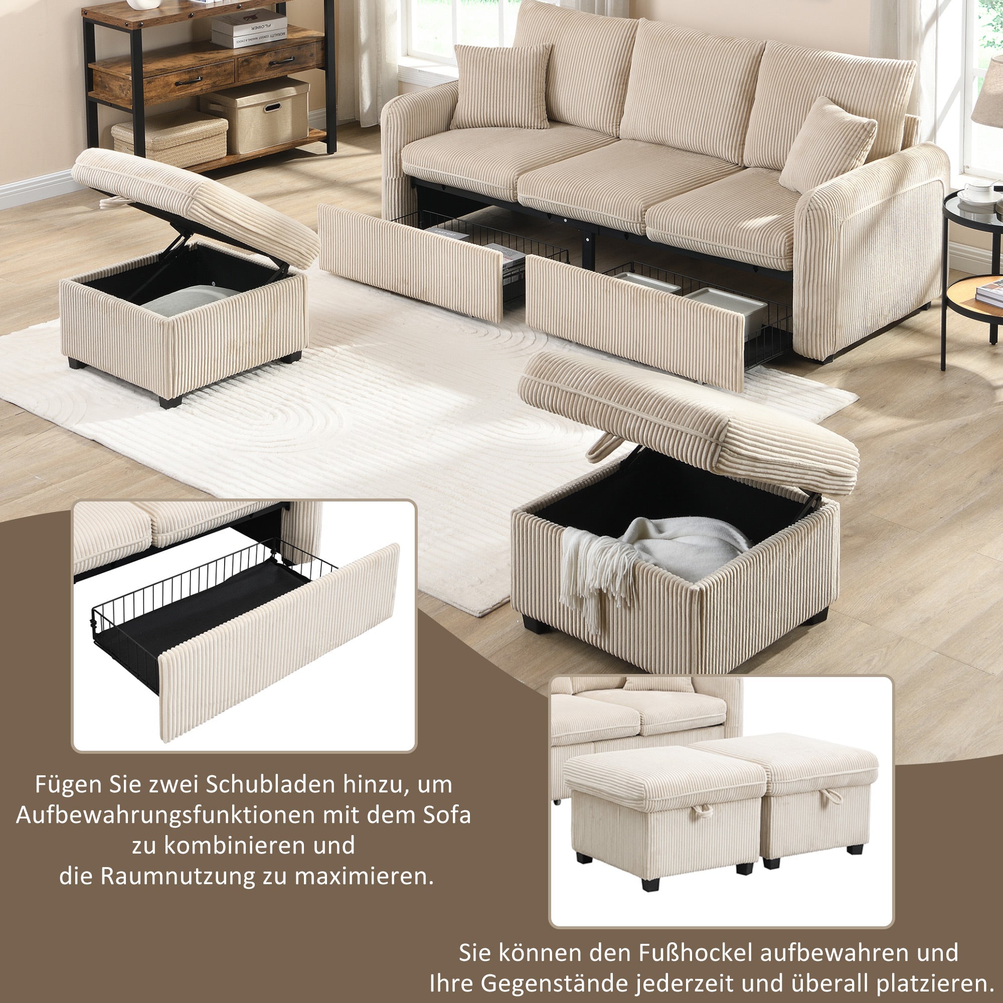 Logidon hoekbank U-vorm beige corduroy stof met opbergvak en slaapfunctie