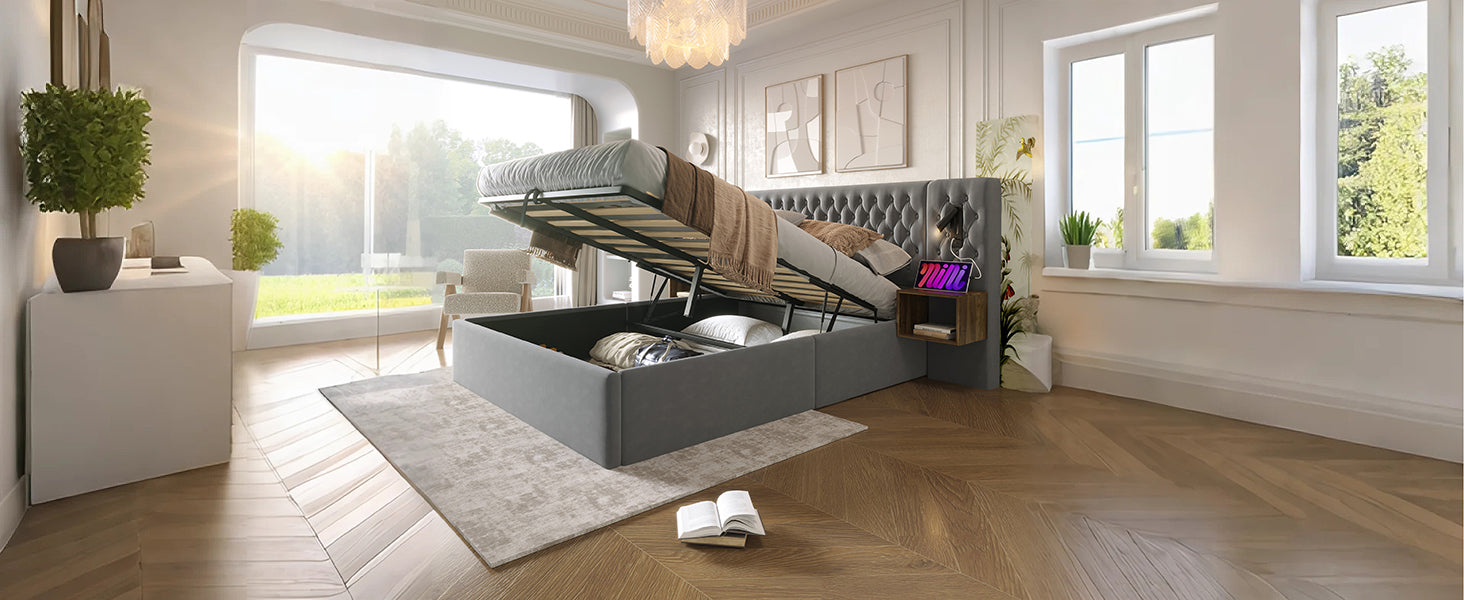 Logidon bed system hydraulic storage bed 160x200 cm gray velvet