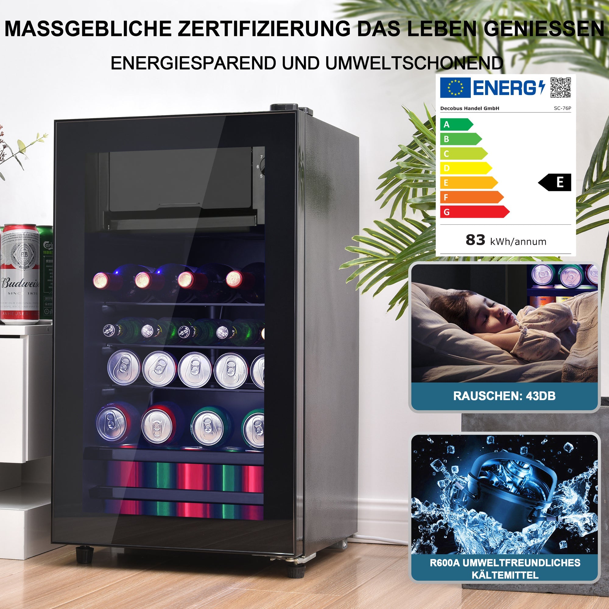 Logidon 76L minikoelkast Zwart 70L koelgedeelte, 6L vriesgedeelte, LED