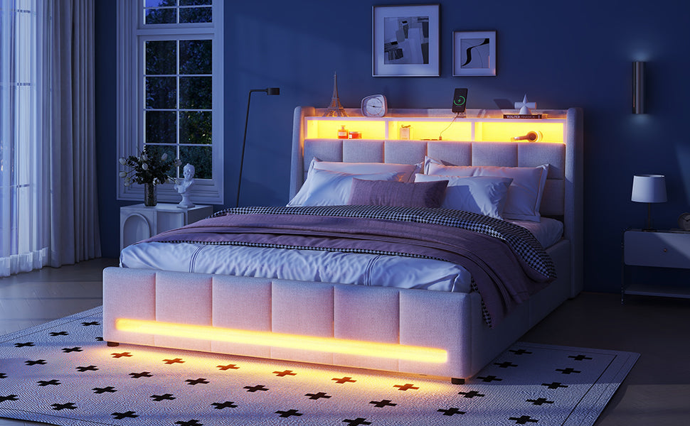 Logidon gestoffeerd bed 160x200 cm beige linnen met LED app bediening