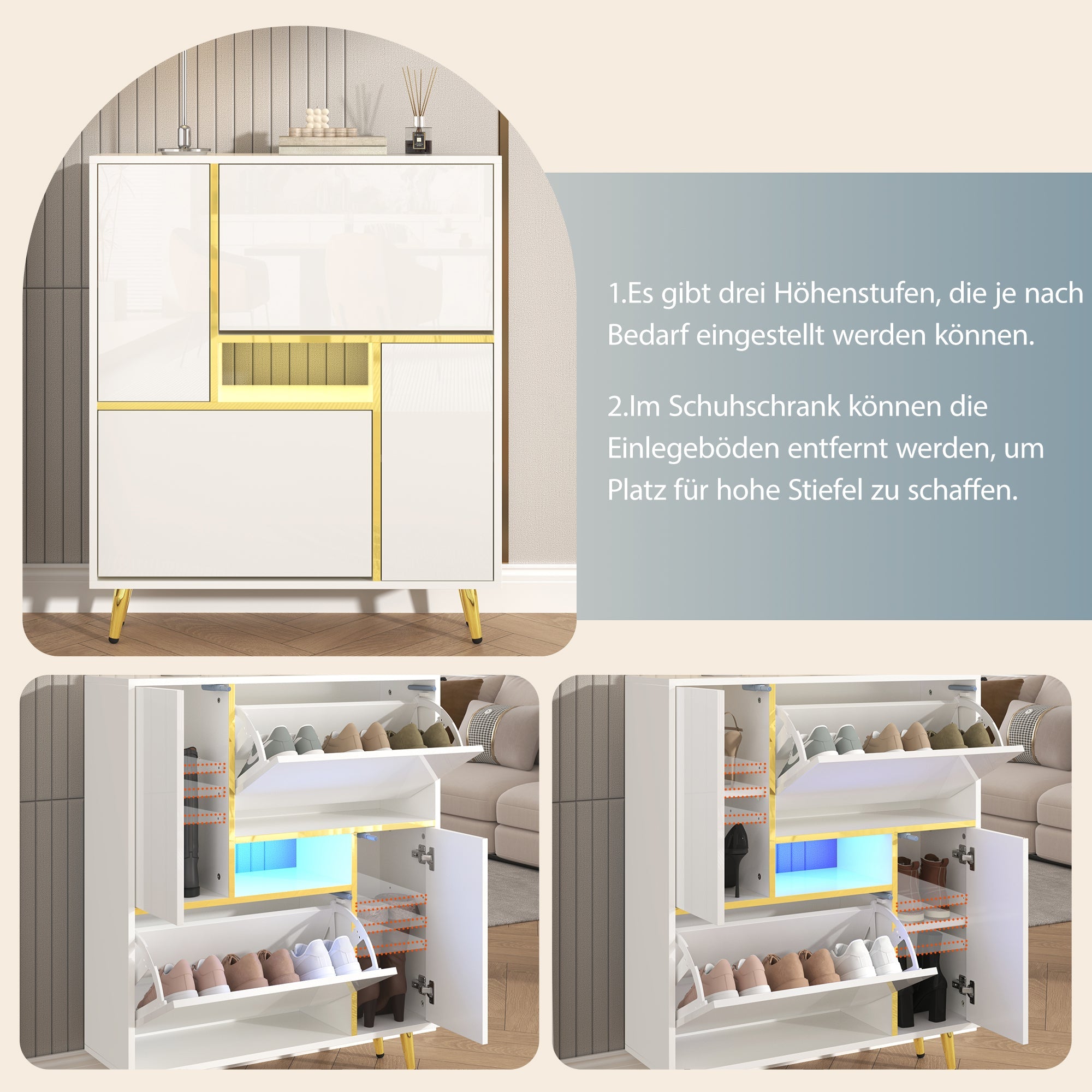 Logidon Moderne Schoenenkast Wit met Hoogglans Front en LED Licht 80x25x96 Cm