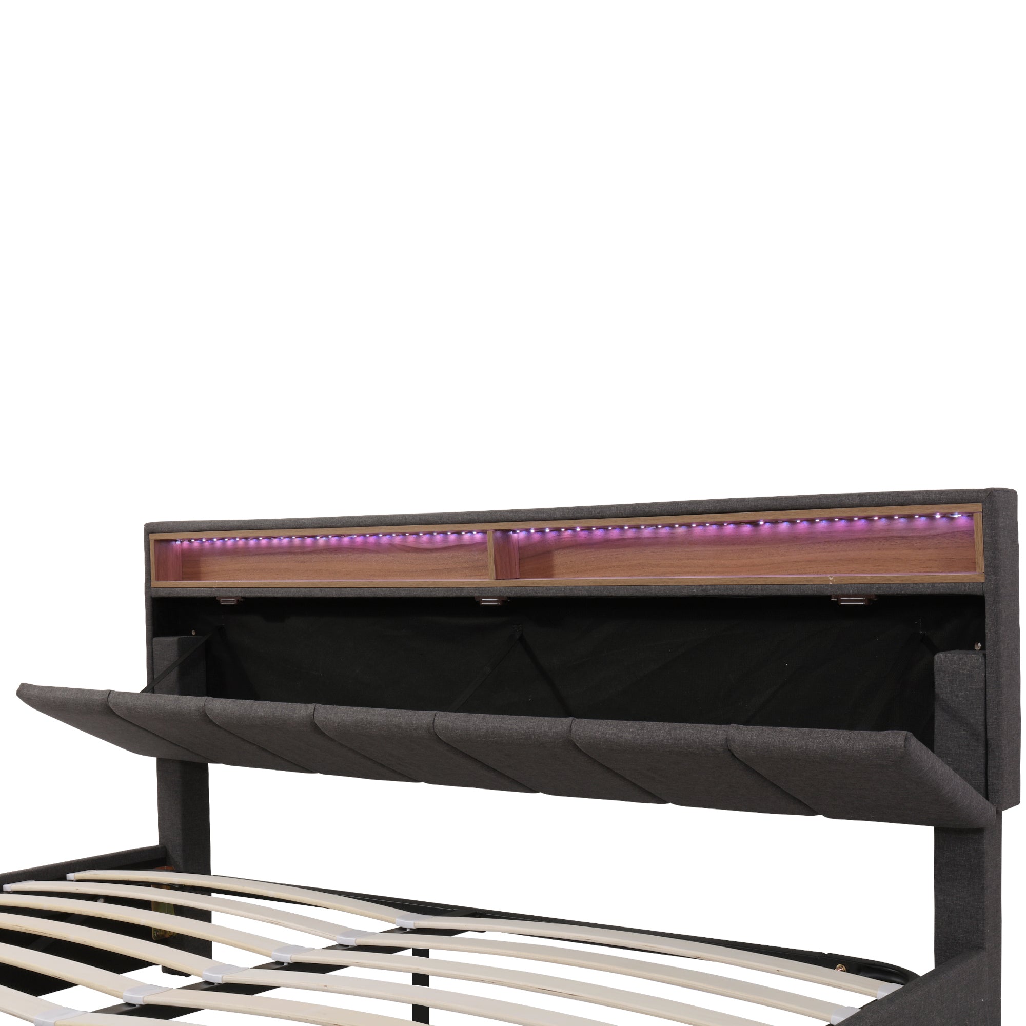Logidon upholstered bed LED lighting hydraulic storage space 180x200 gray