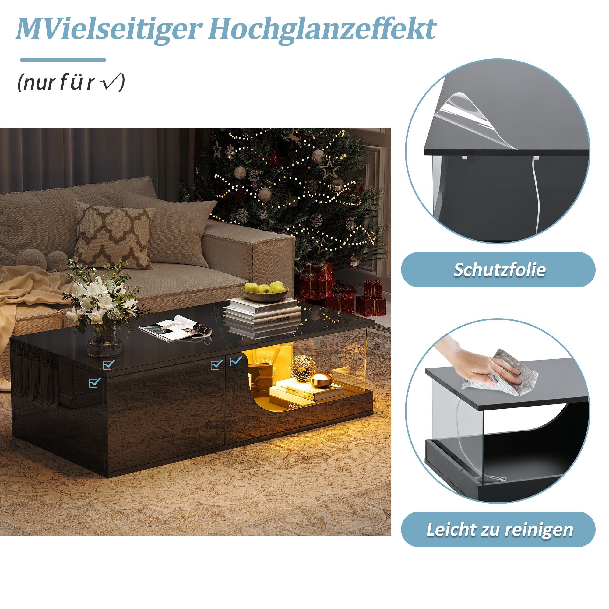 Logidon Zwarte hoogglans salontafel 100x50x30 cm LED-verlichting