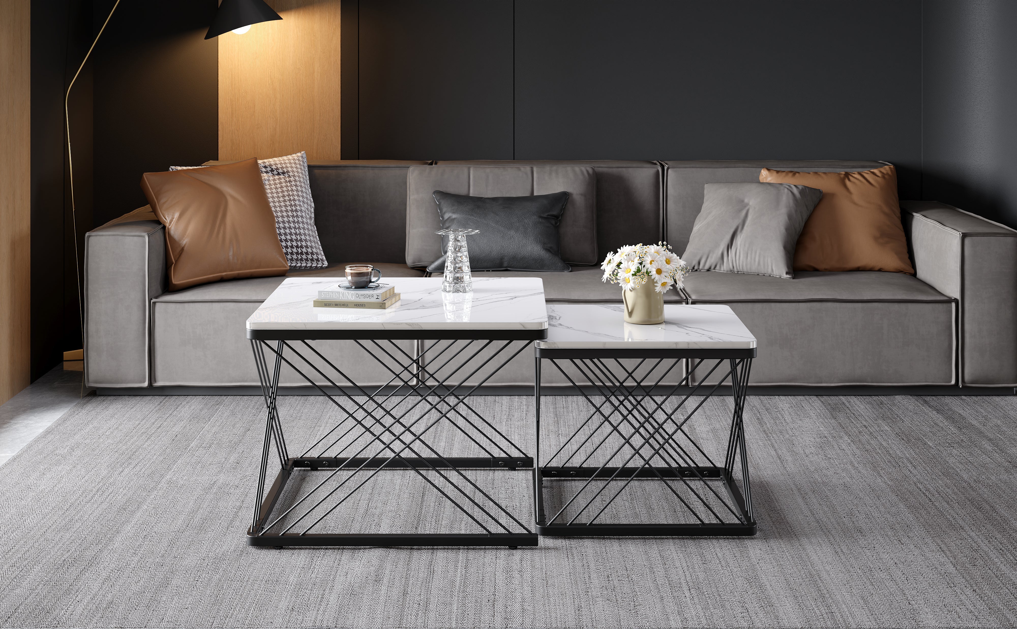 Logidon Stylish 2-piece coffee table set high-gloss marble look 60x60 cm