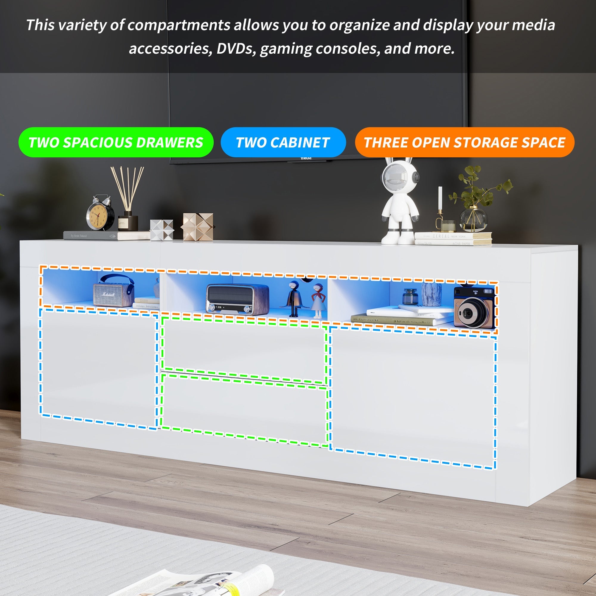 Logidon white high-gloss TV cabinet 160x35x60 cm with LED lighting