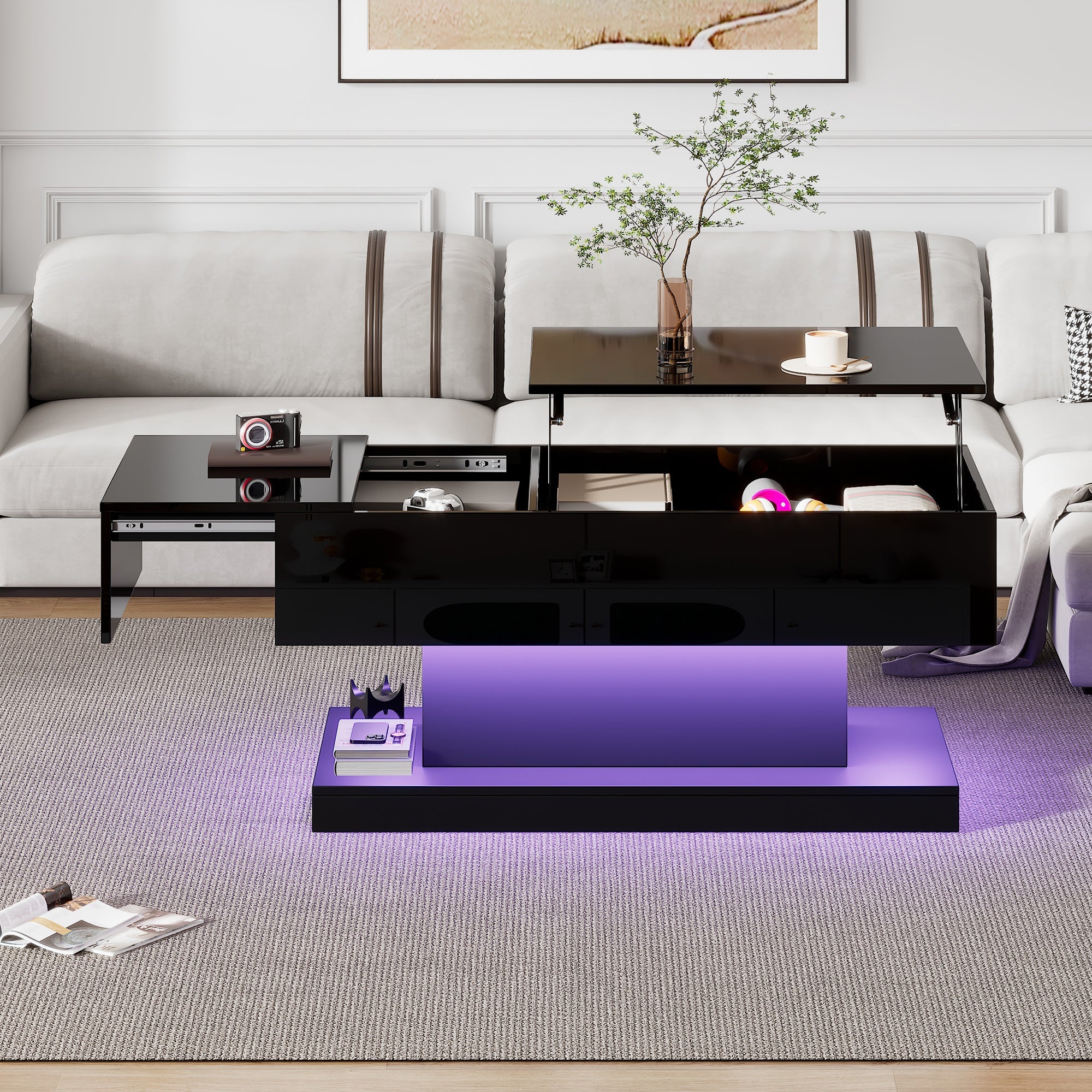 Logidon hoogglans liftsalontafel zwart 100x50x45 cm LED-verlichting