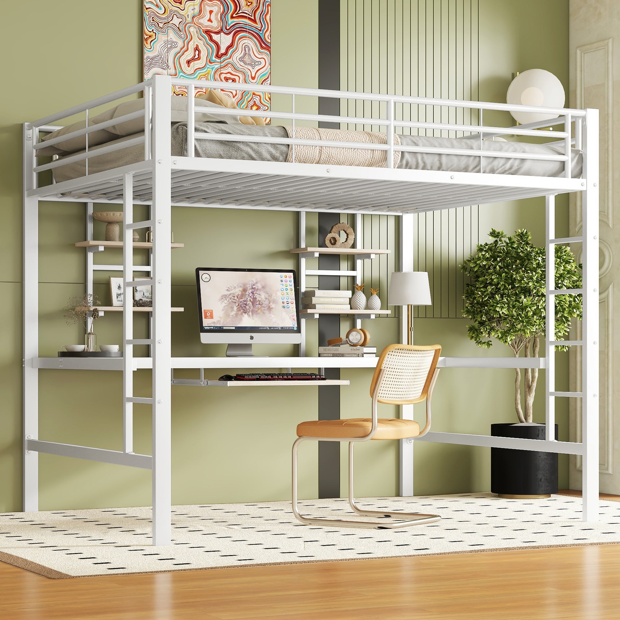 Logidon hoogslaper 140x200 cm metalen bed met bureau en plank wit