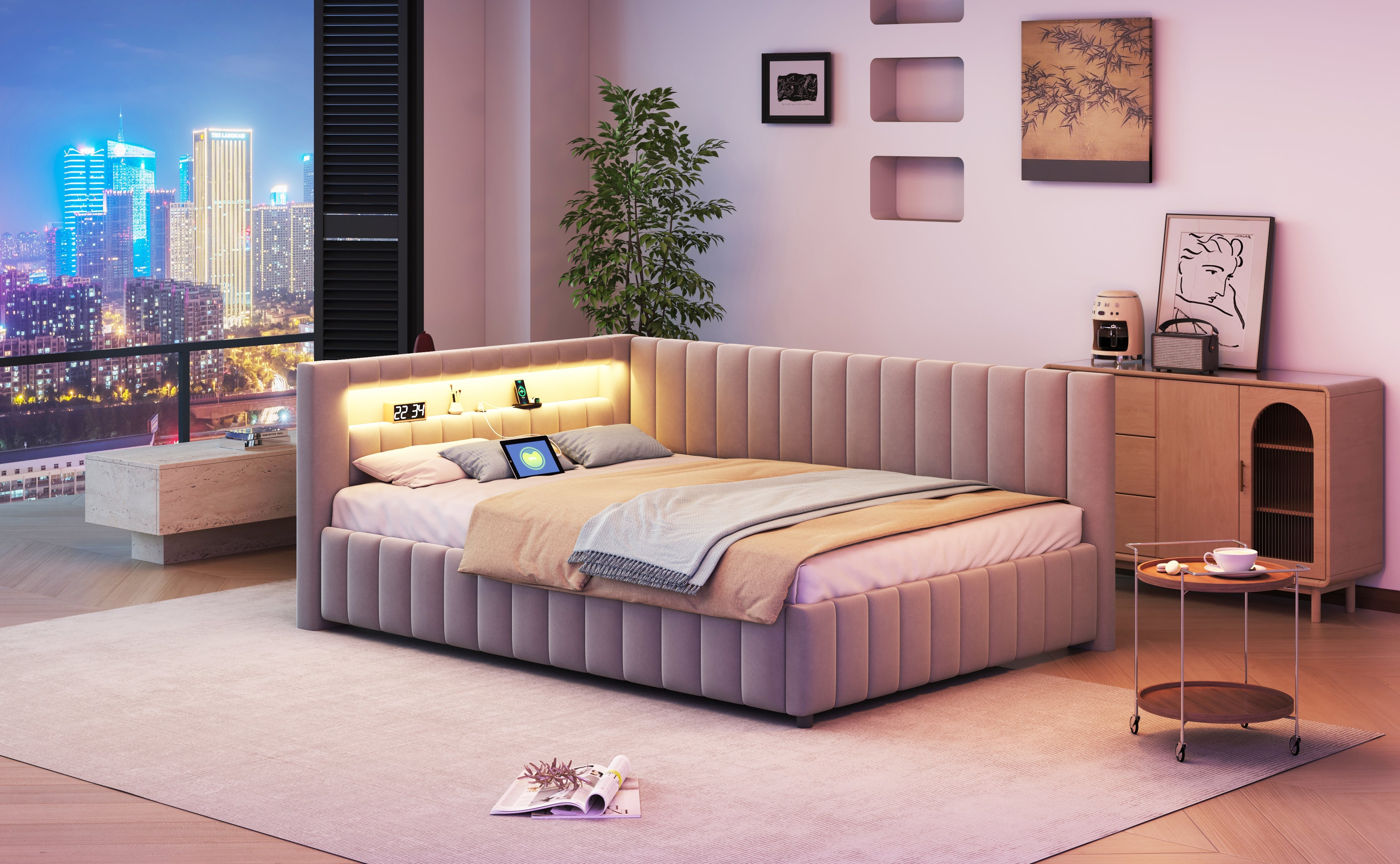 Logidon sofa bed 140x200 gray with LED light and USB charging port