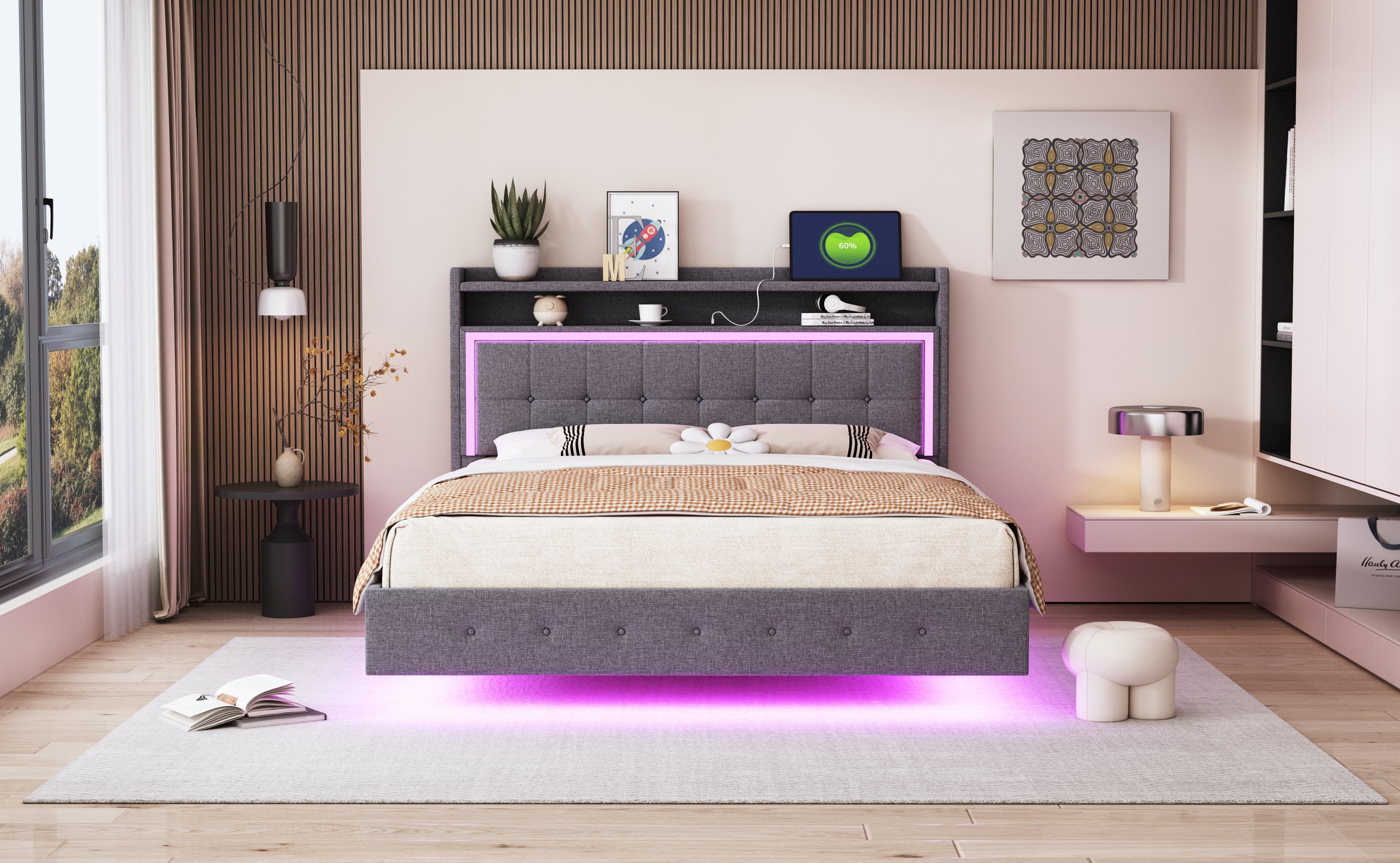 Logidon gestoffeerd bed 140x200 grijs met USB LED verlichting
