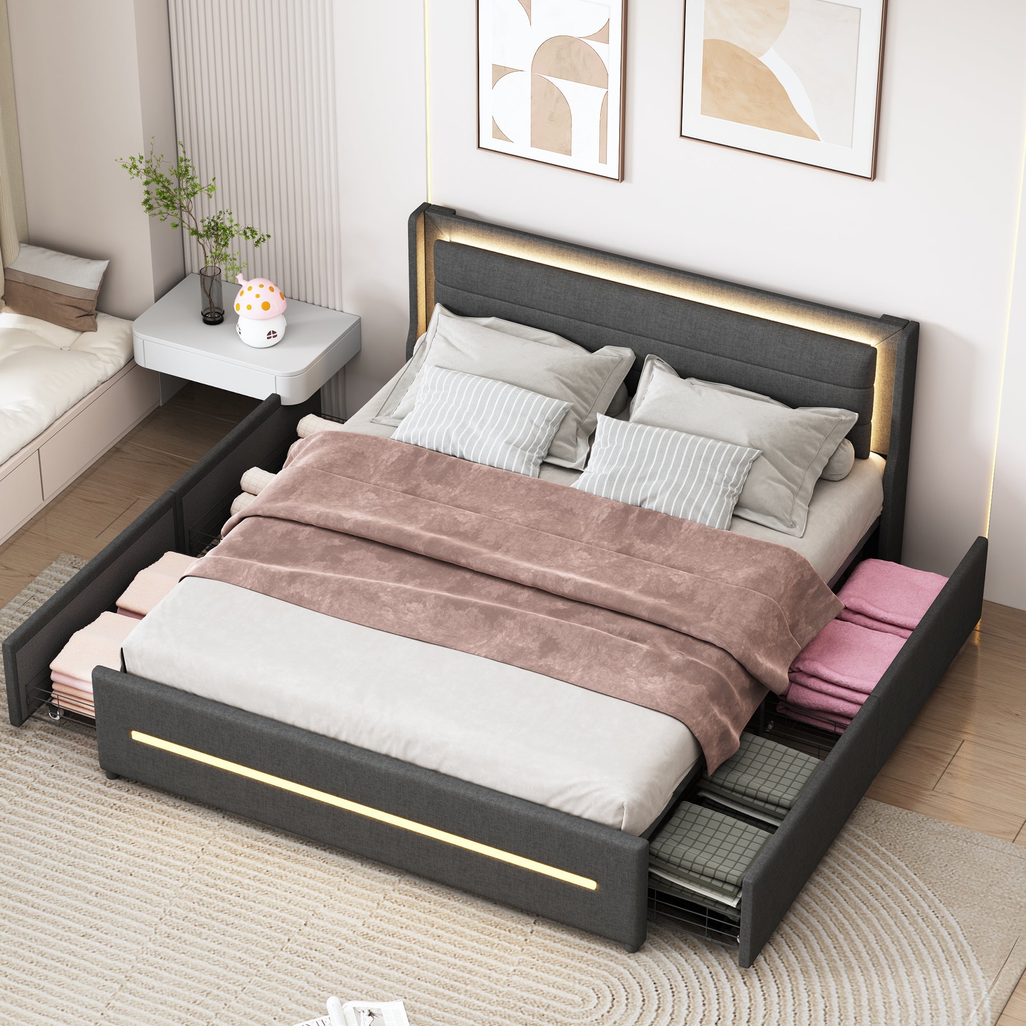 Logidon gestoffeerd bed 160x200 grijze kleur veranderende LED vier opbergvakken
