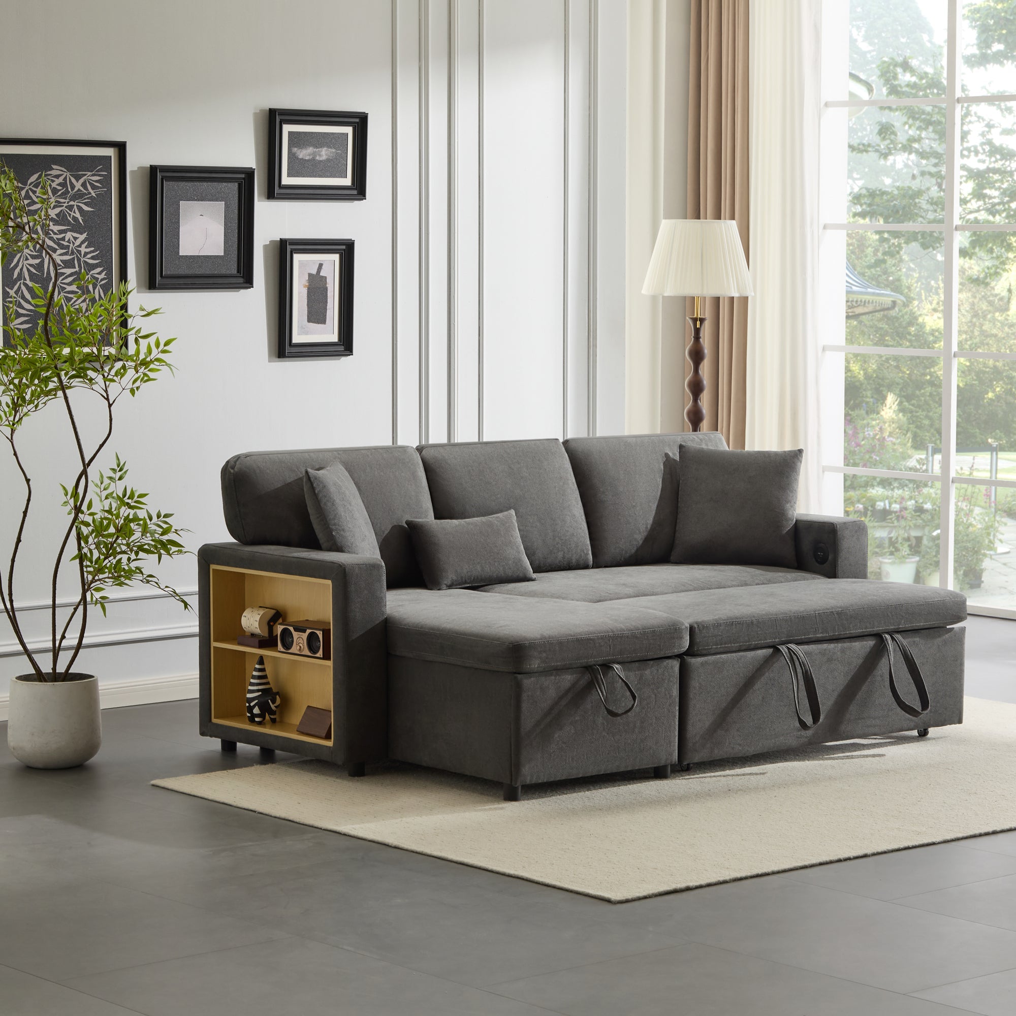 Logidon Corner Sofa Gray Extendable Bed With Bed Box Shelf 214x131