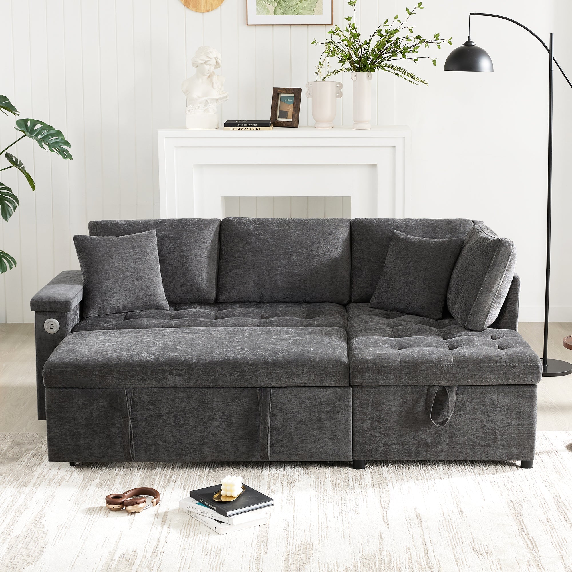 Logidon L-vorm slaapbank grijs fluweel chenille 209x130 cm opbergruimte