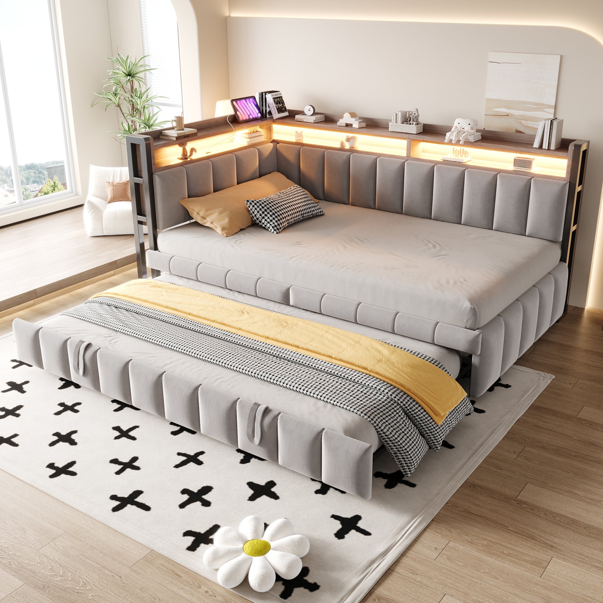 Logidon slaapbank gestoffeerd bed 90x200cm lichtgrijs uitschuifbaar LED USB