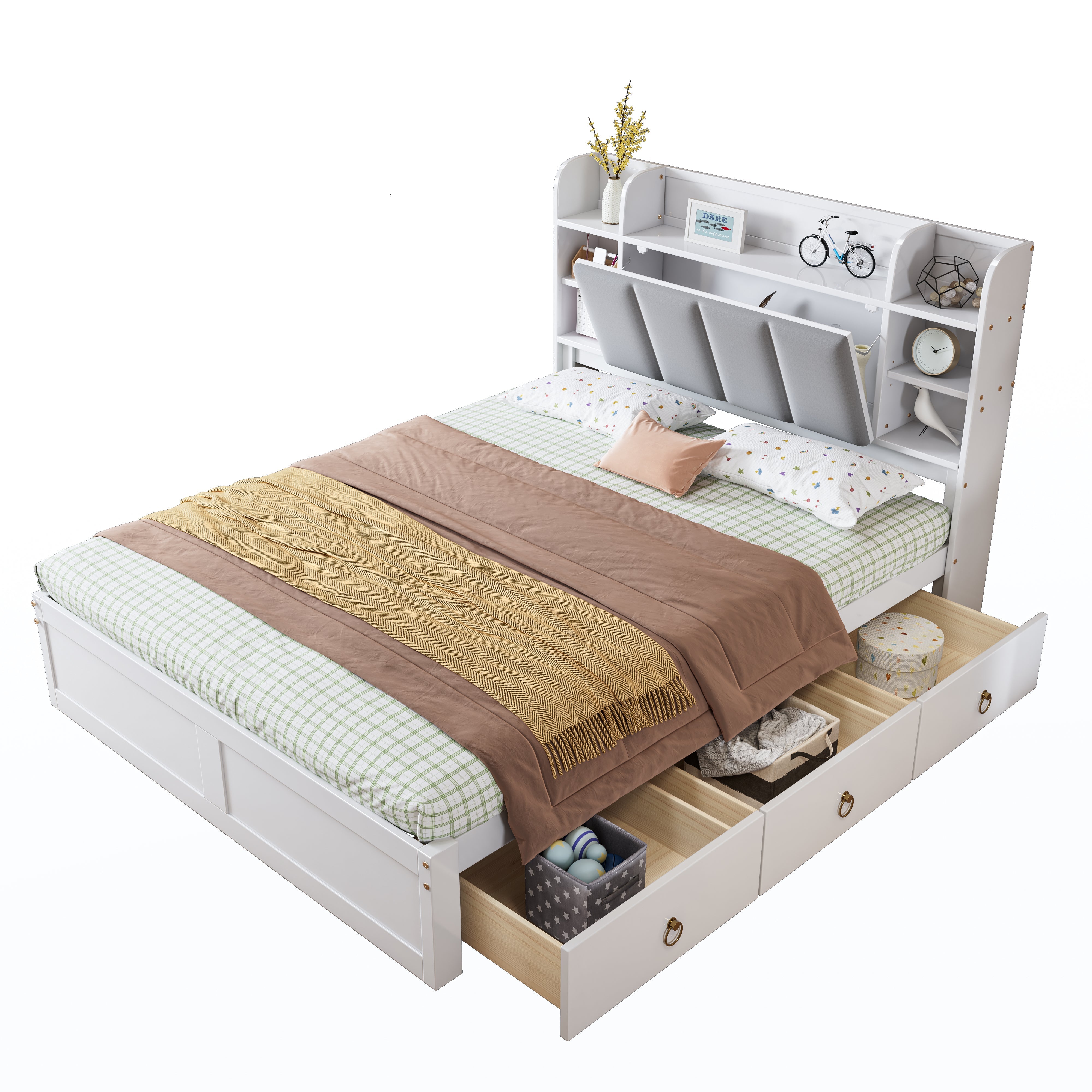 Logidon tweepersoonsbed witgrijs 140x200 cm plank drie lades op wielen