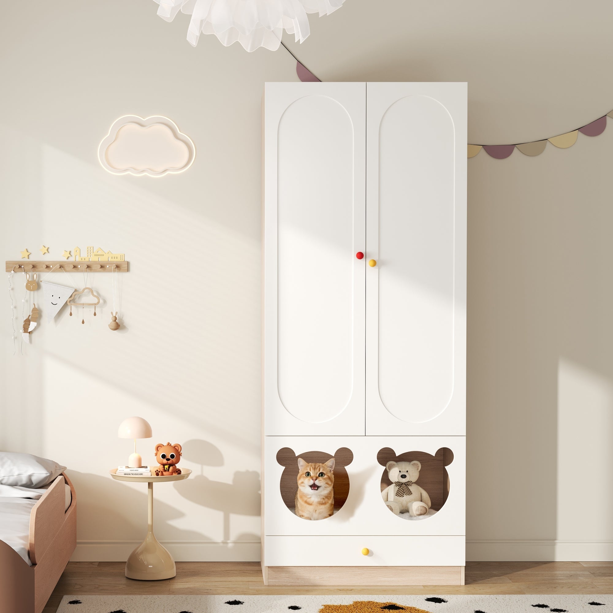 Logidon kinderkledingkast wit naturel hout met kattenmand 80x50x200cm