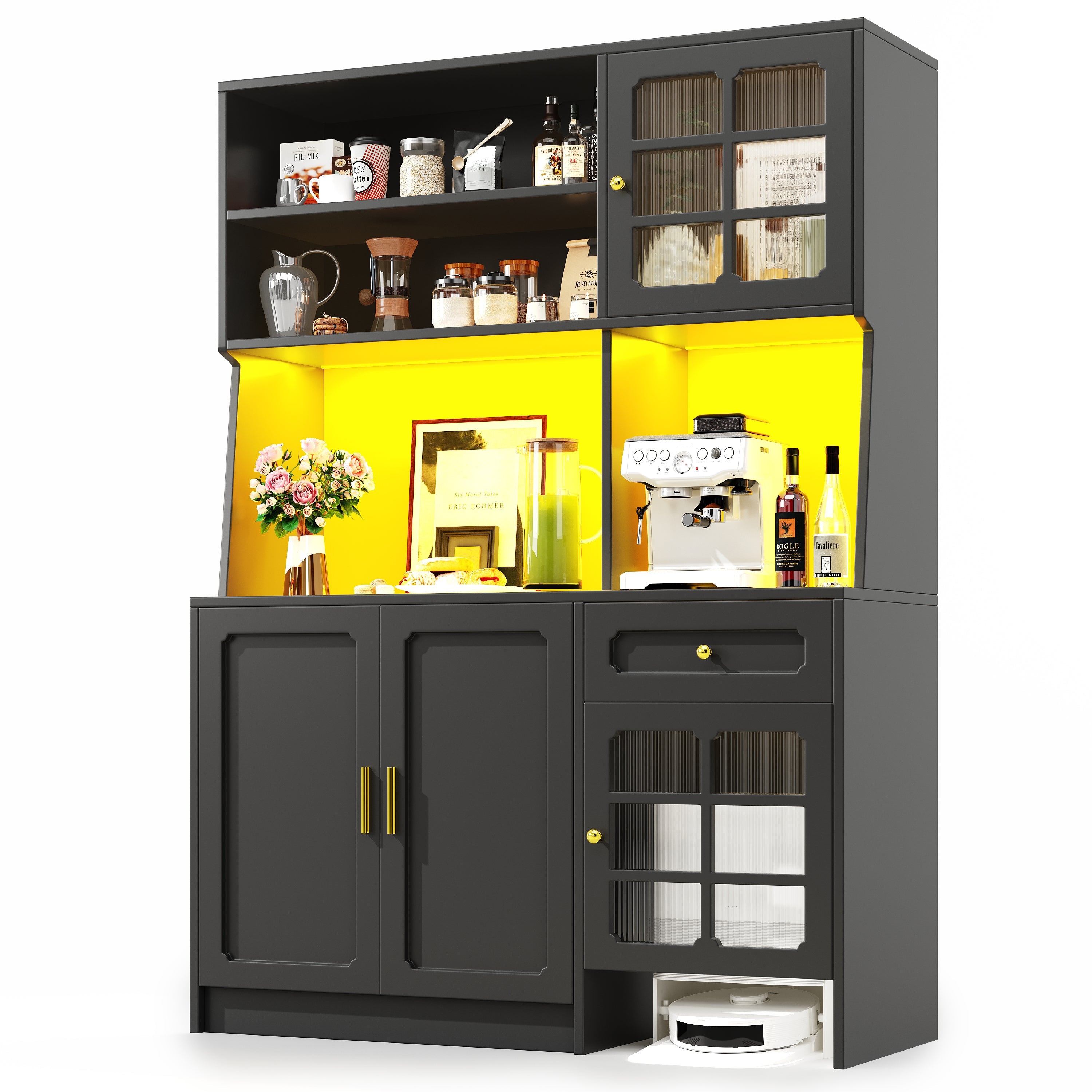 Logidon keukenkast 130x45x180 cm met glazen deuren en LED zwart