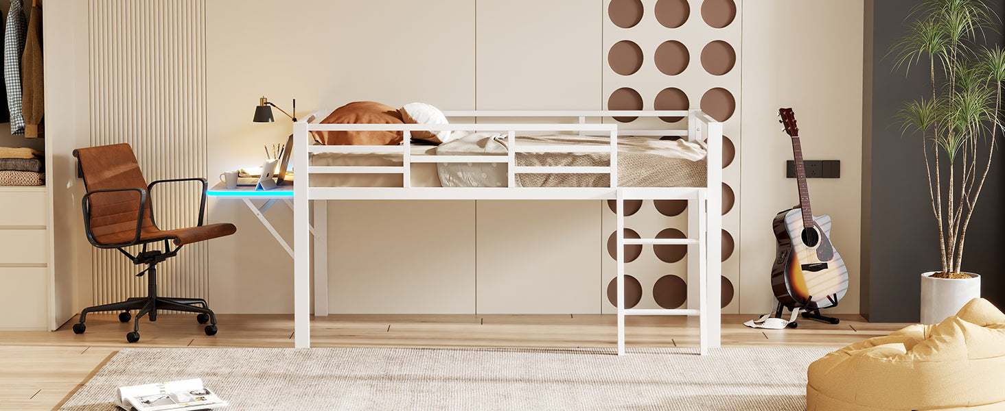 Logidon flat bed 90 x 200 cm metal bed white with railing ladder LED