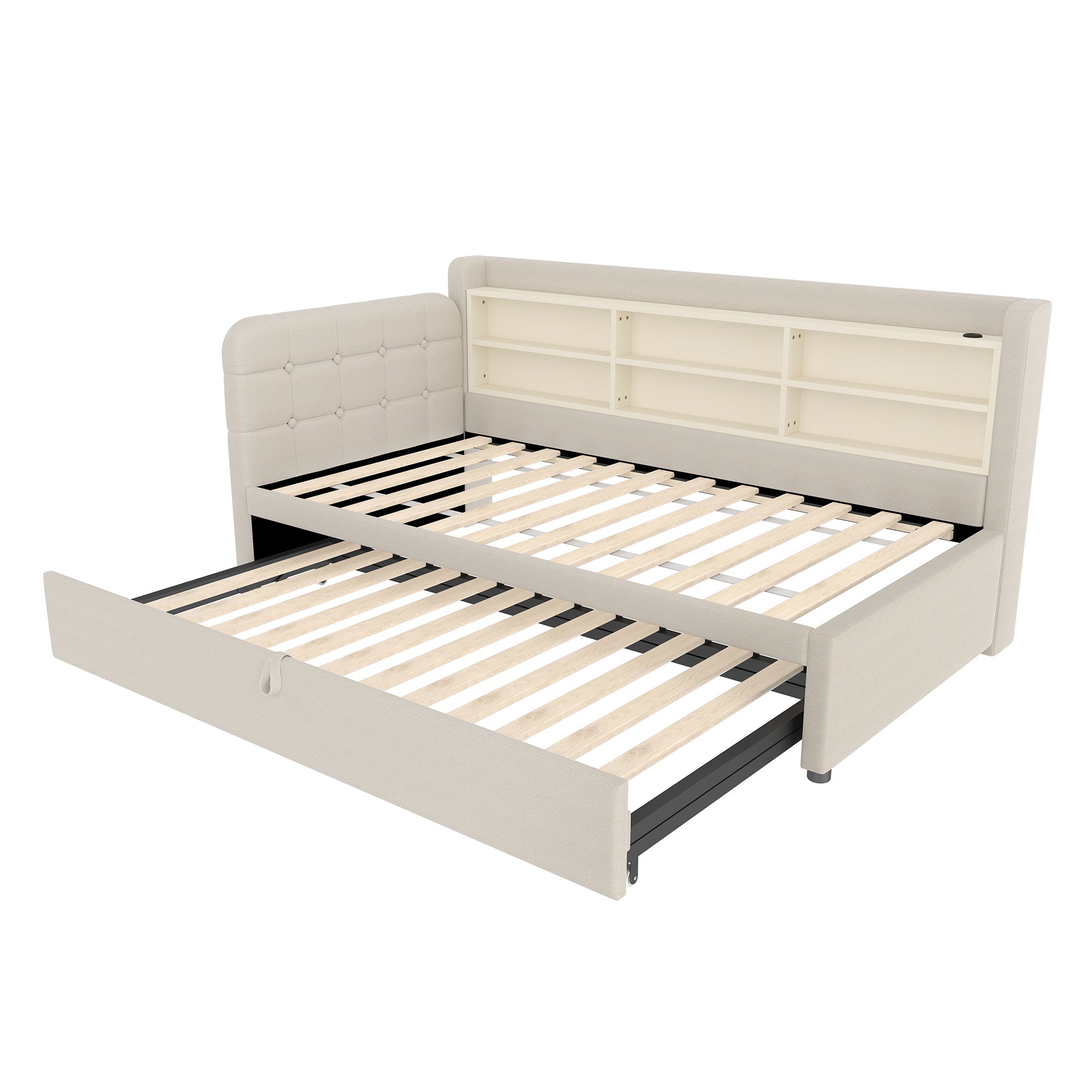 Logidon Daybed 90x200 beige linnen uitschuifbare slaapbank USB Type C