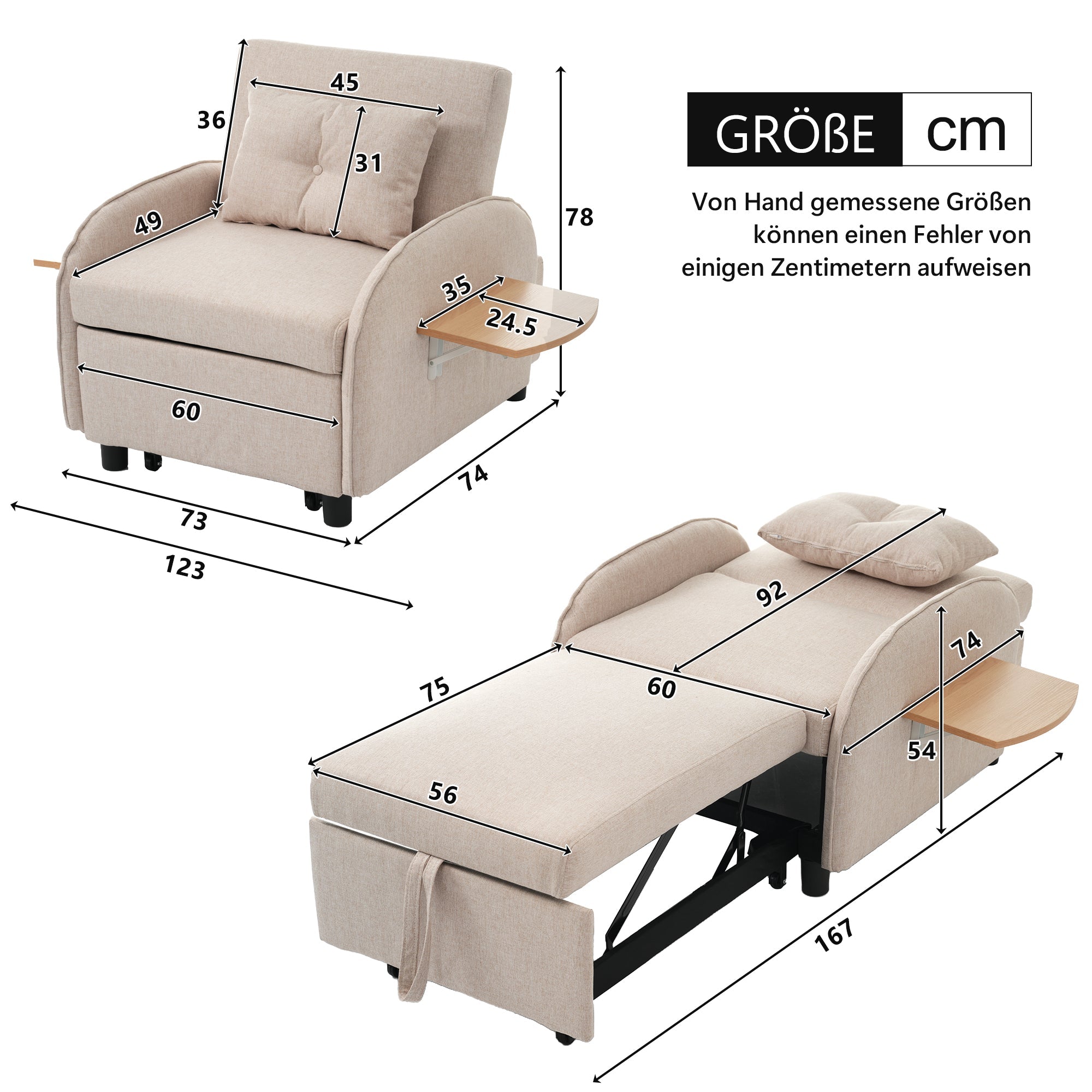 Logidon 3-in-1 slaapbank beige uitschuifbaar eenpersoonsbed ligstoel fauteuil