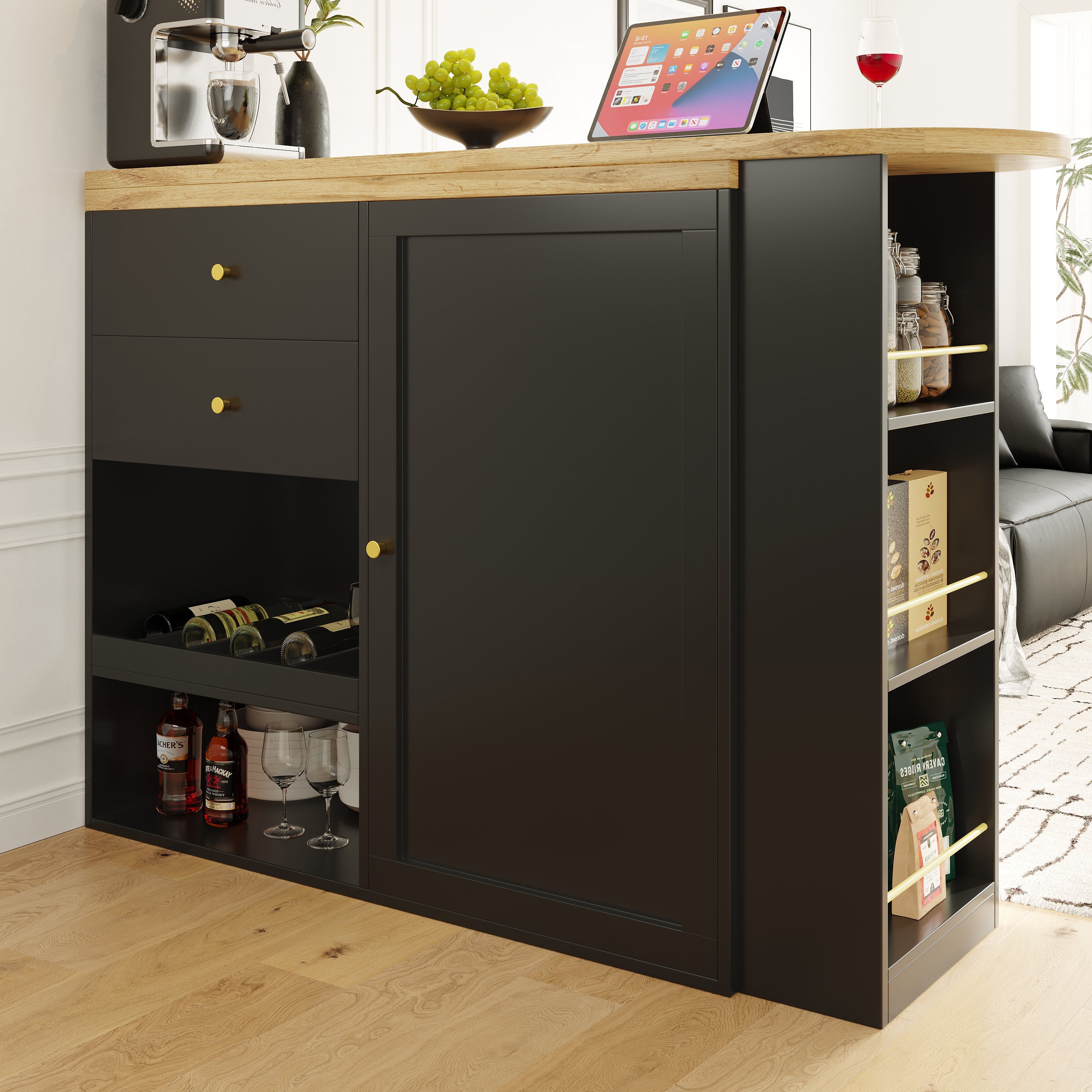 Logidon 360° draaibare bartafel 138 cm zwart met 2 lades