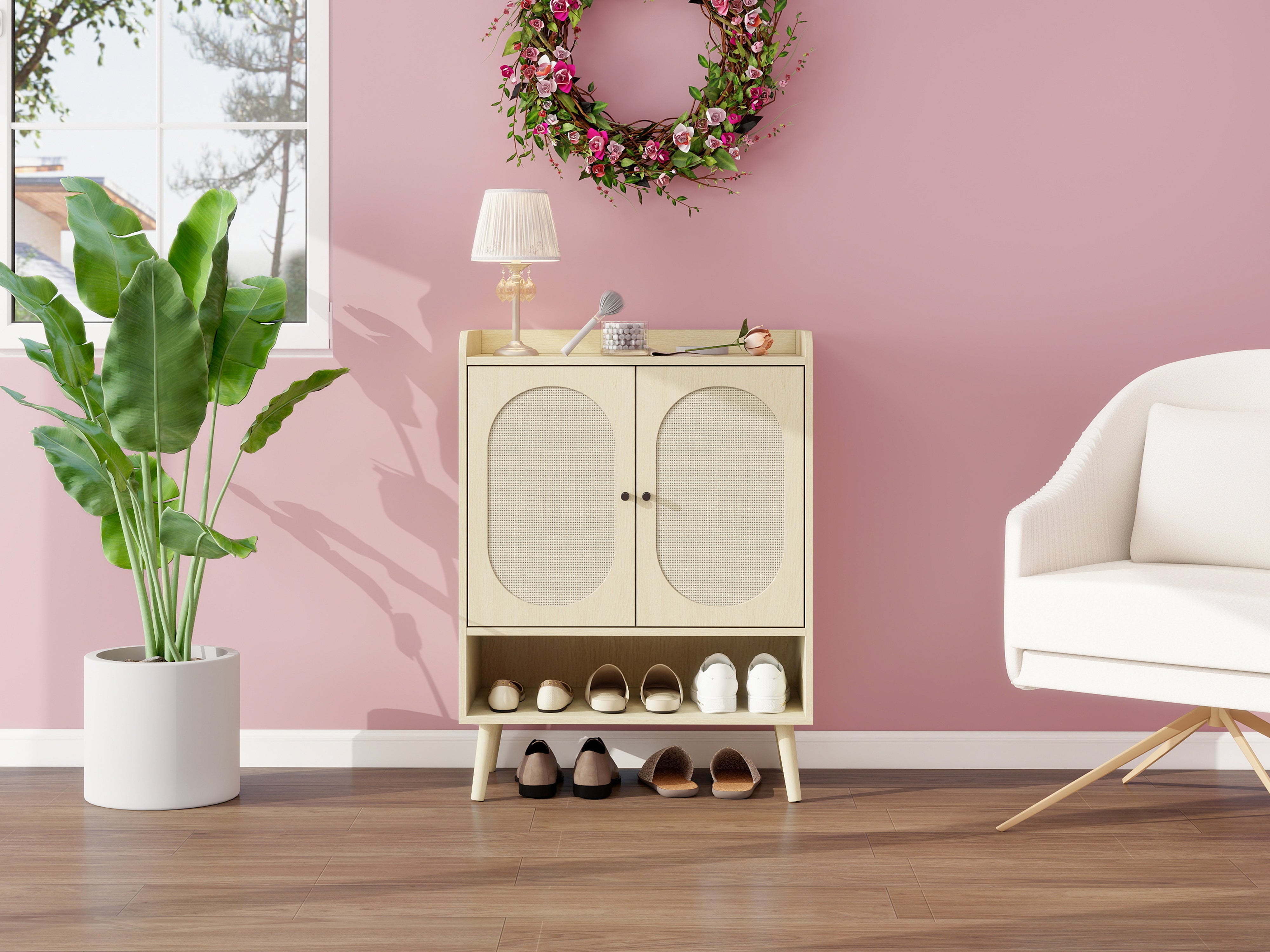Logidon schoenenkast naturel houtlook met dubbele deuren Rotan design