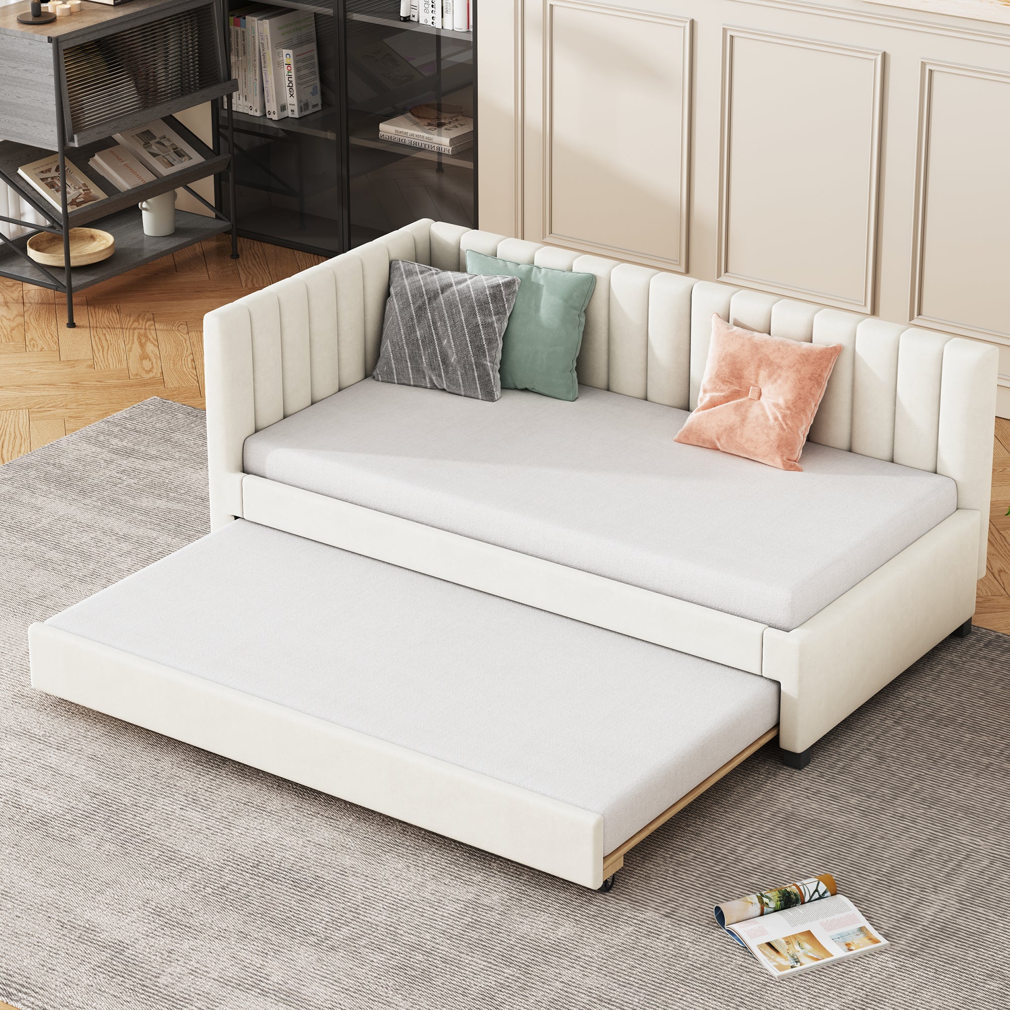 Logidon gestoffeerd bed 90x200 beige fluwelen stof uitschuifbare slaapbank