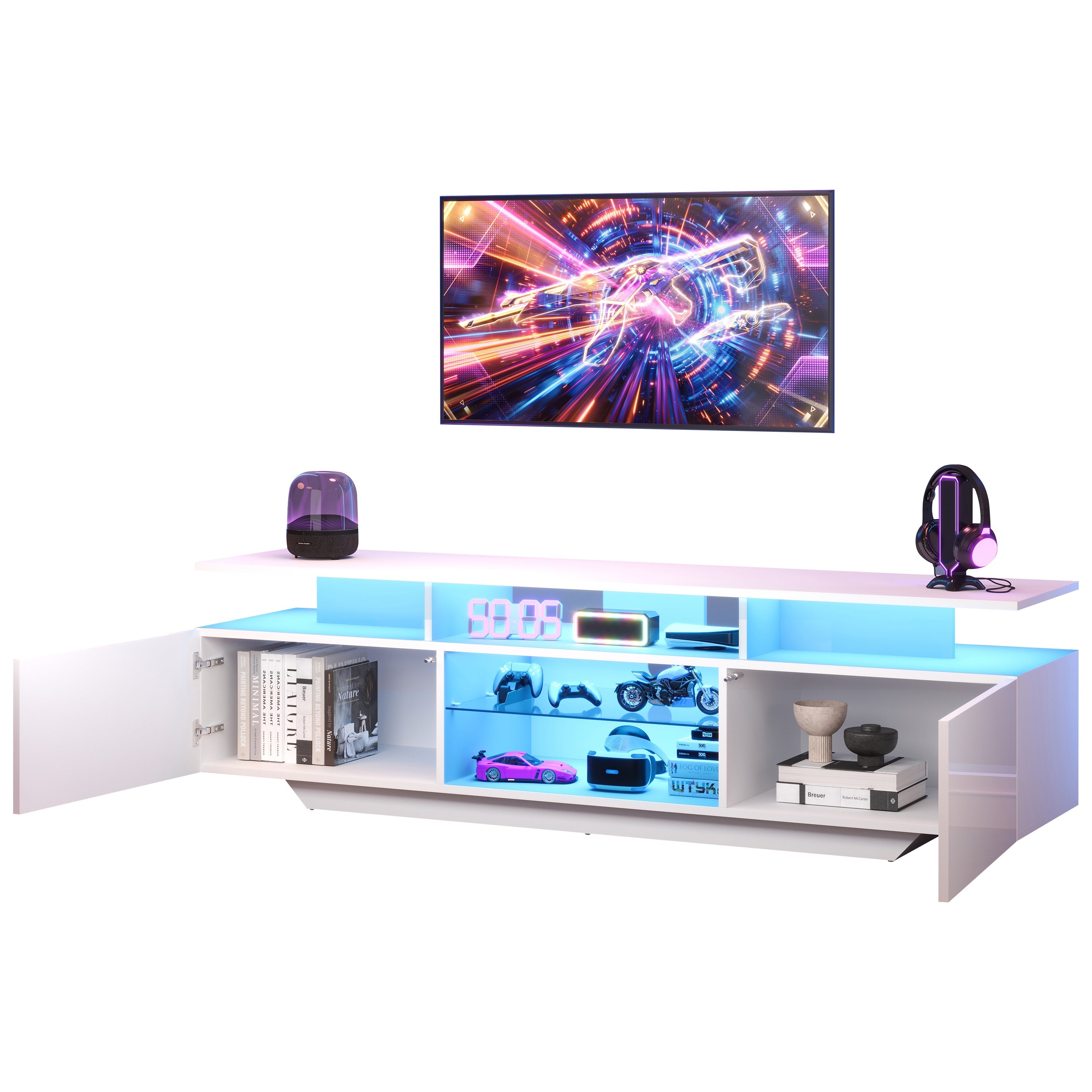 Logidon TV-meubel hoogglans wit 160 x 40 x 45 cm met LED lichtstrip glasplanken