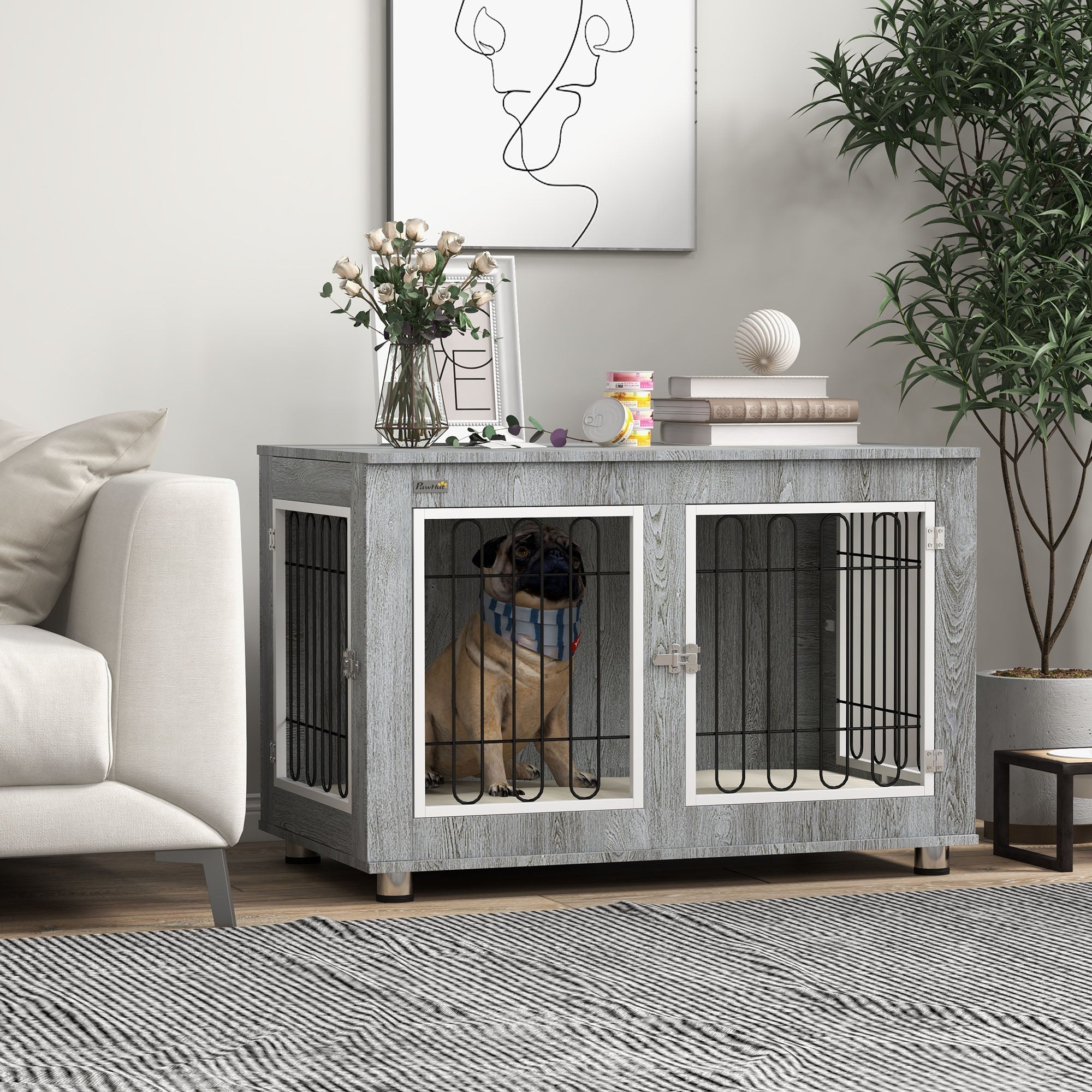 Logidon Hondenkooi Grijs 90x58x65 cm met kussens en dubbele deuren