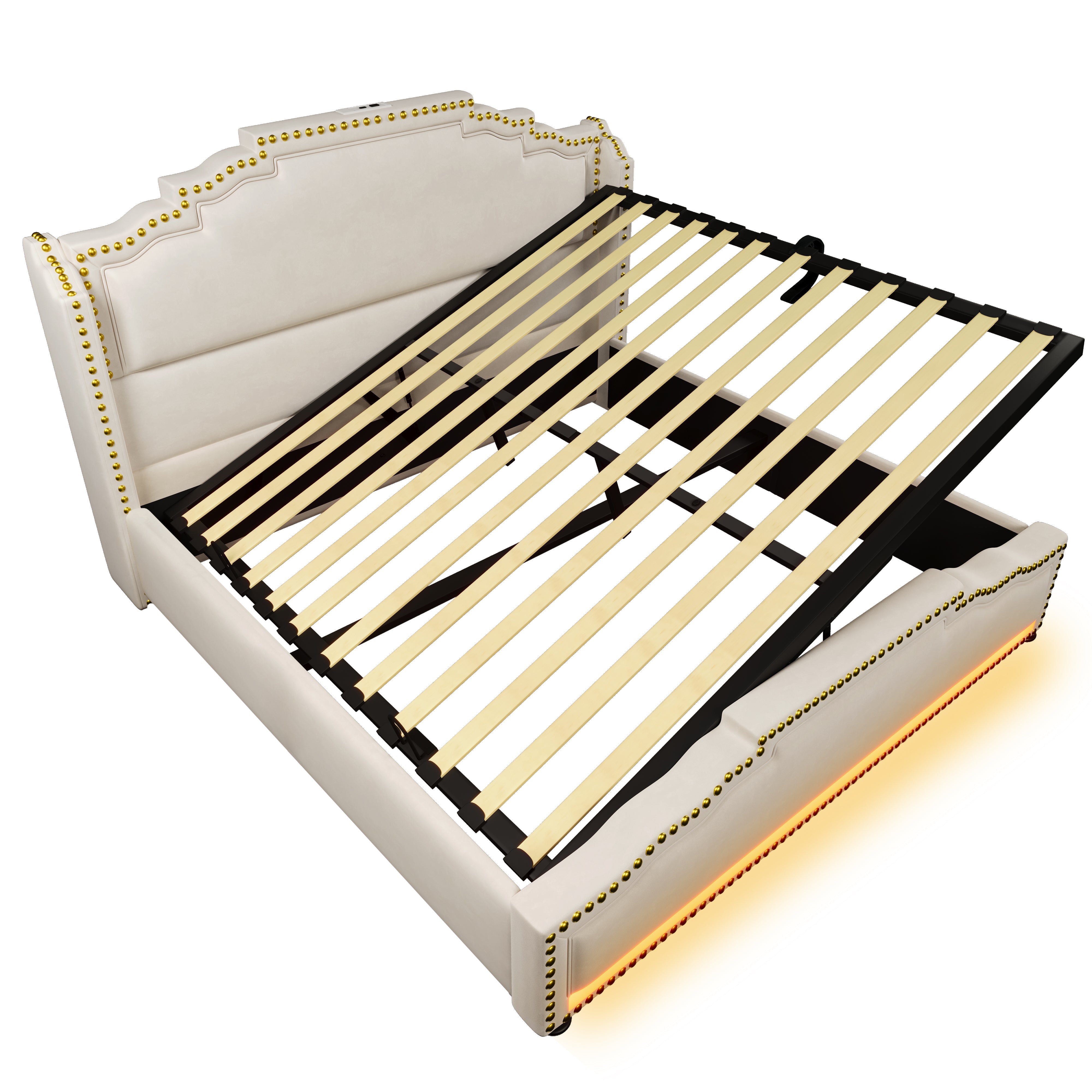 Logidon gestoffeerd bed 160x200 beige fluweel met opbergruimte LED USB C