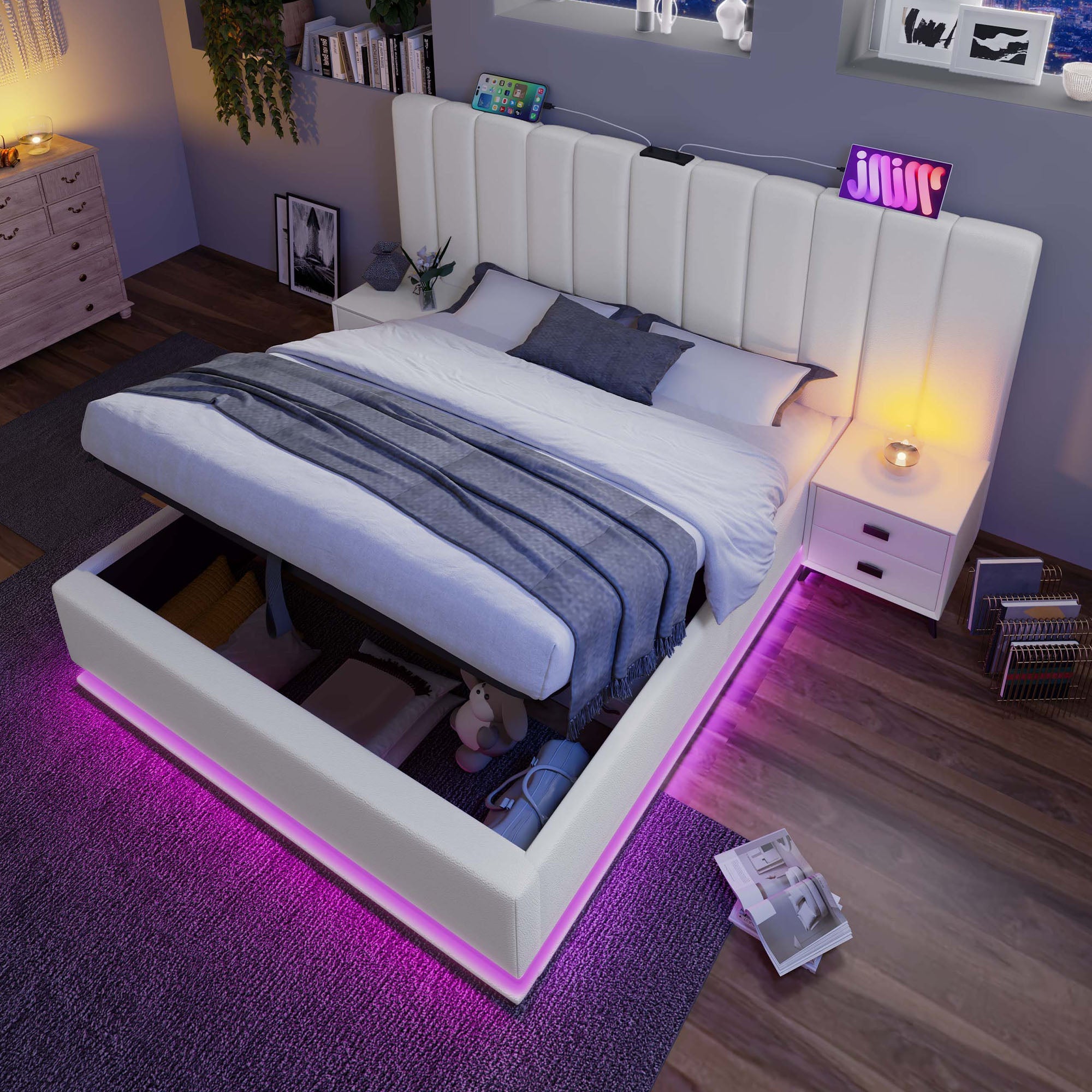 Logidon gestoffeerd bed 160x200 wit app bediening LED USB oplaadfunctie