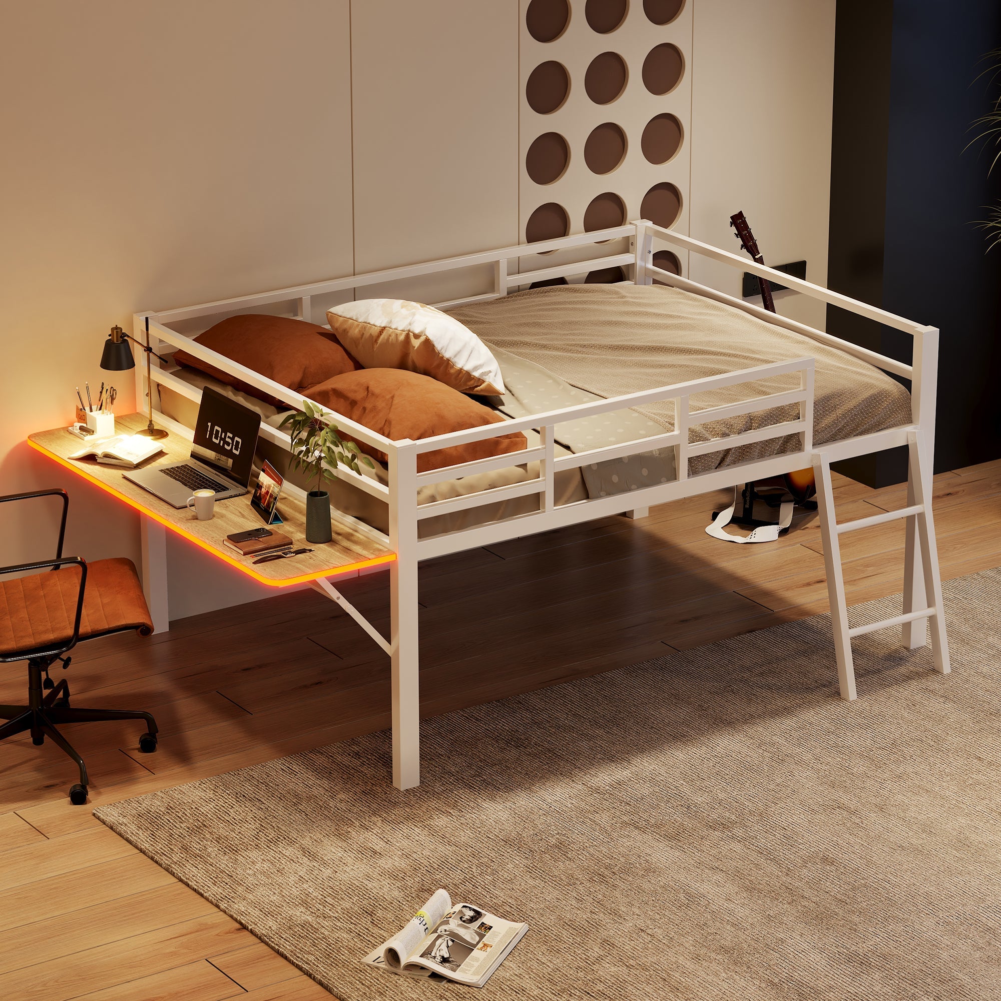 Logidon vlakbed metalen bed 140x200 witte reling LED-lichtstrip