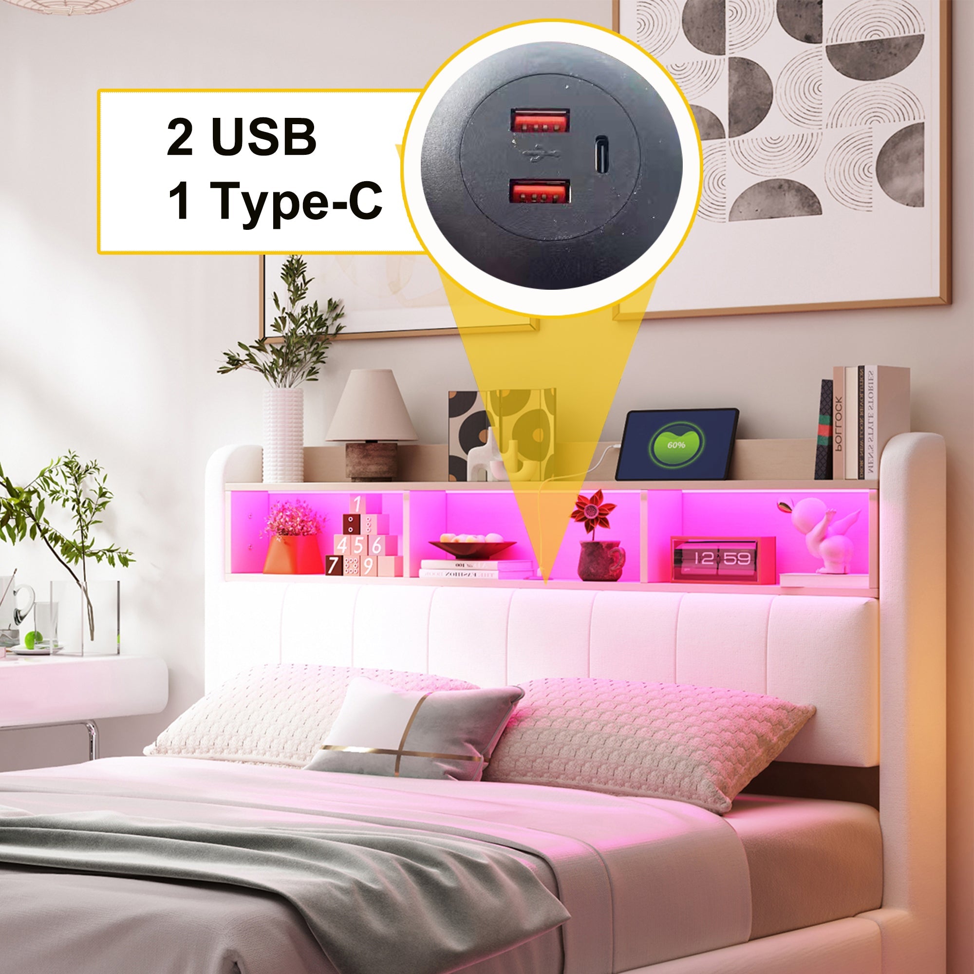 Logidon hangend gestoffeerd bed 160x200 beige met LED-licht USB C