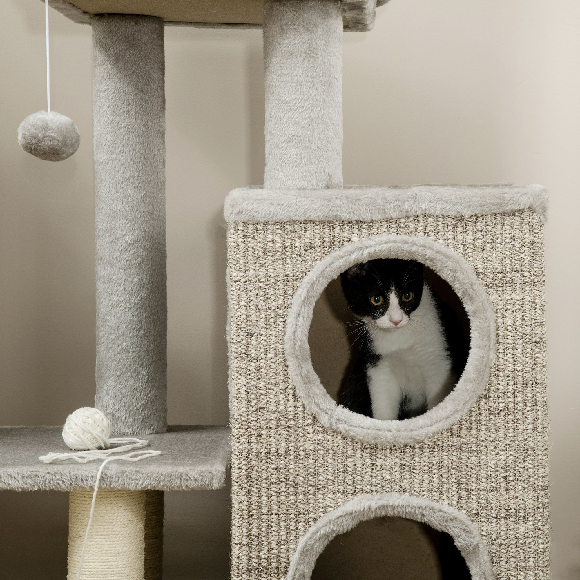 Logidon kattenkrabpaal 91cm met 2 kattengrotten sisalzuilen lichtgrijs