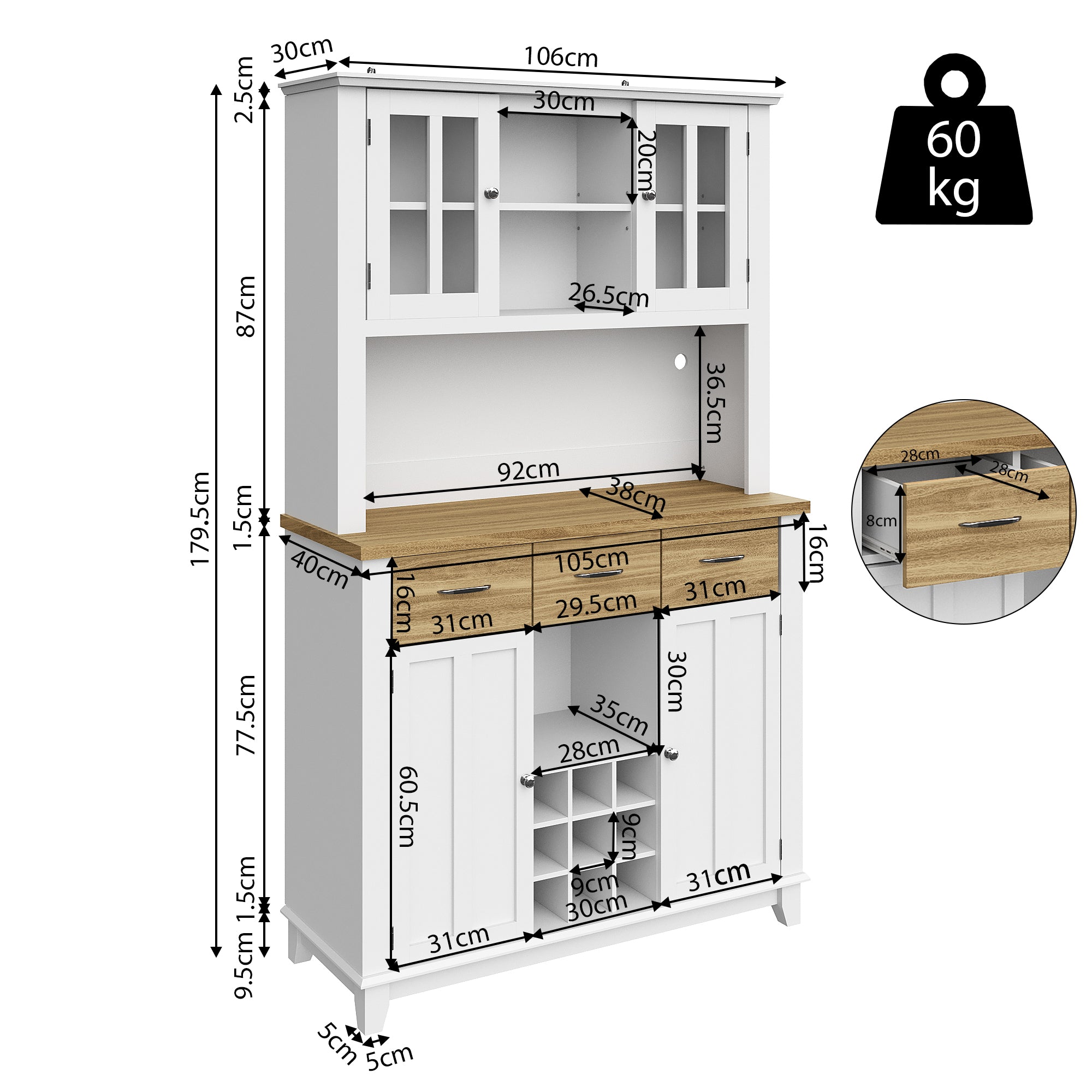 Logidon keukenkast vitrinekast 106x40x179cm met LED licht naturel wit