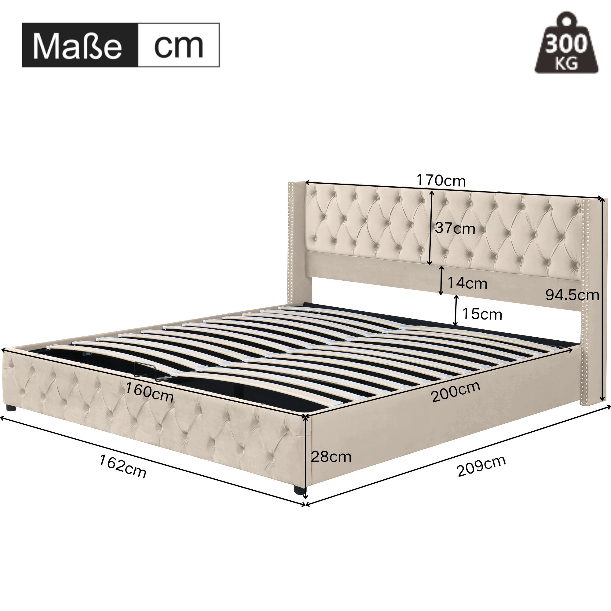 Logidon stof gestoffeerd bed 160x200 beige fluweel met hydraulische bedbox