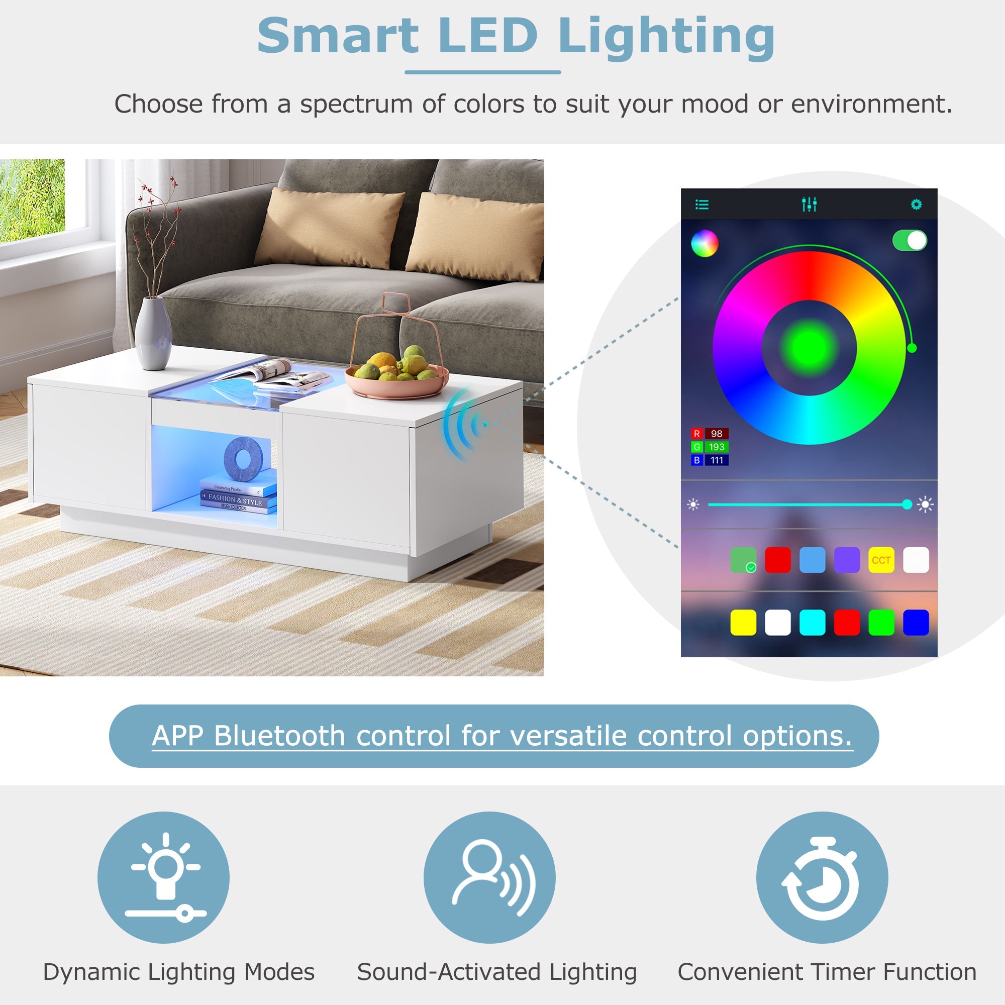 Logidon Witte Salontafel 100x50x35,5 cm Met Glazen Paneel LED