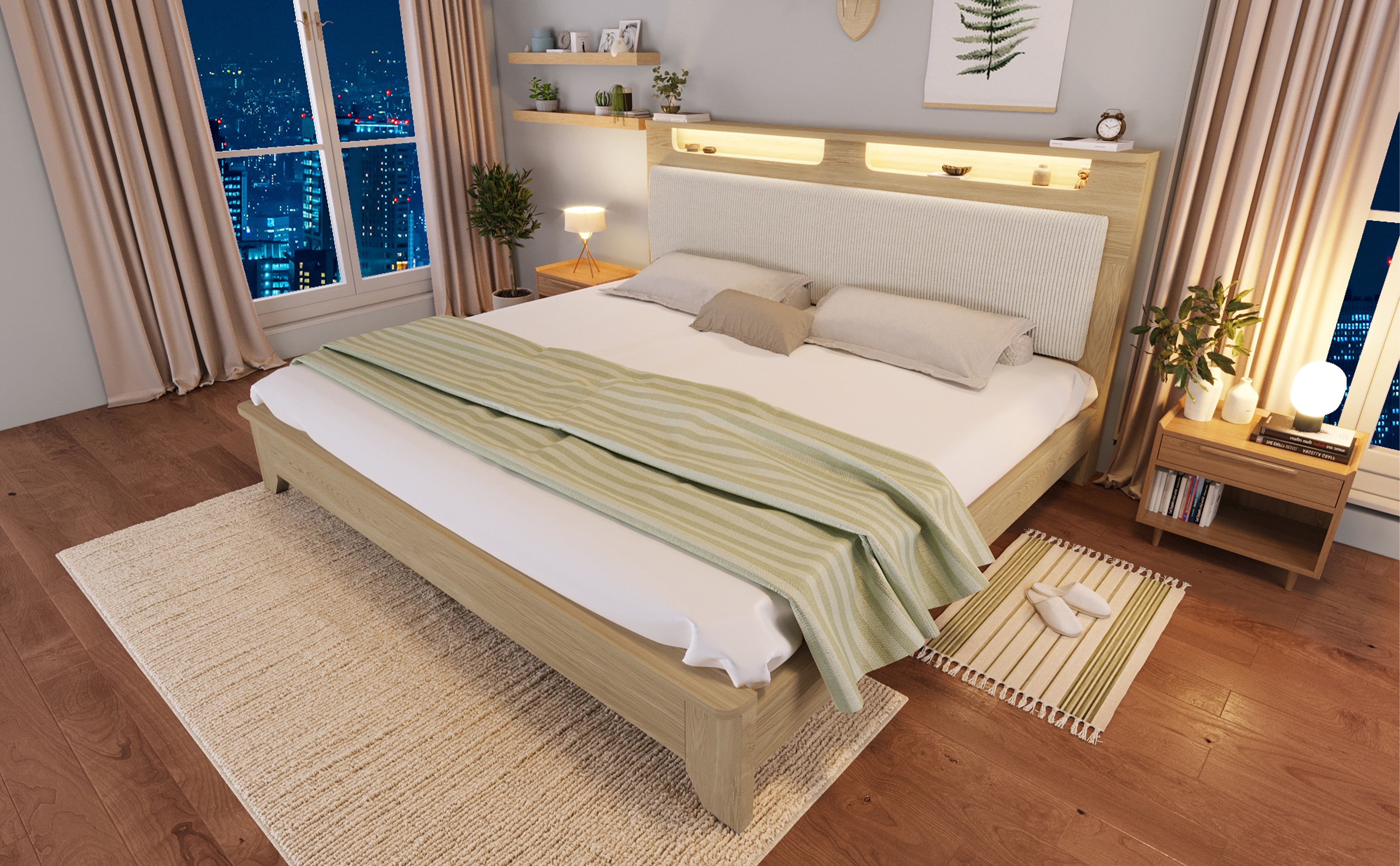 Logidon tweepersoonsbed 160x200 cm met opbergruimte en LED-verlichting beige
