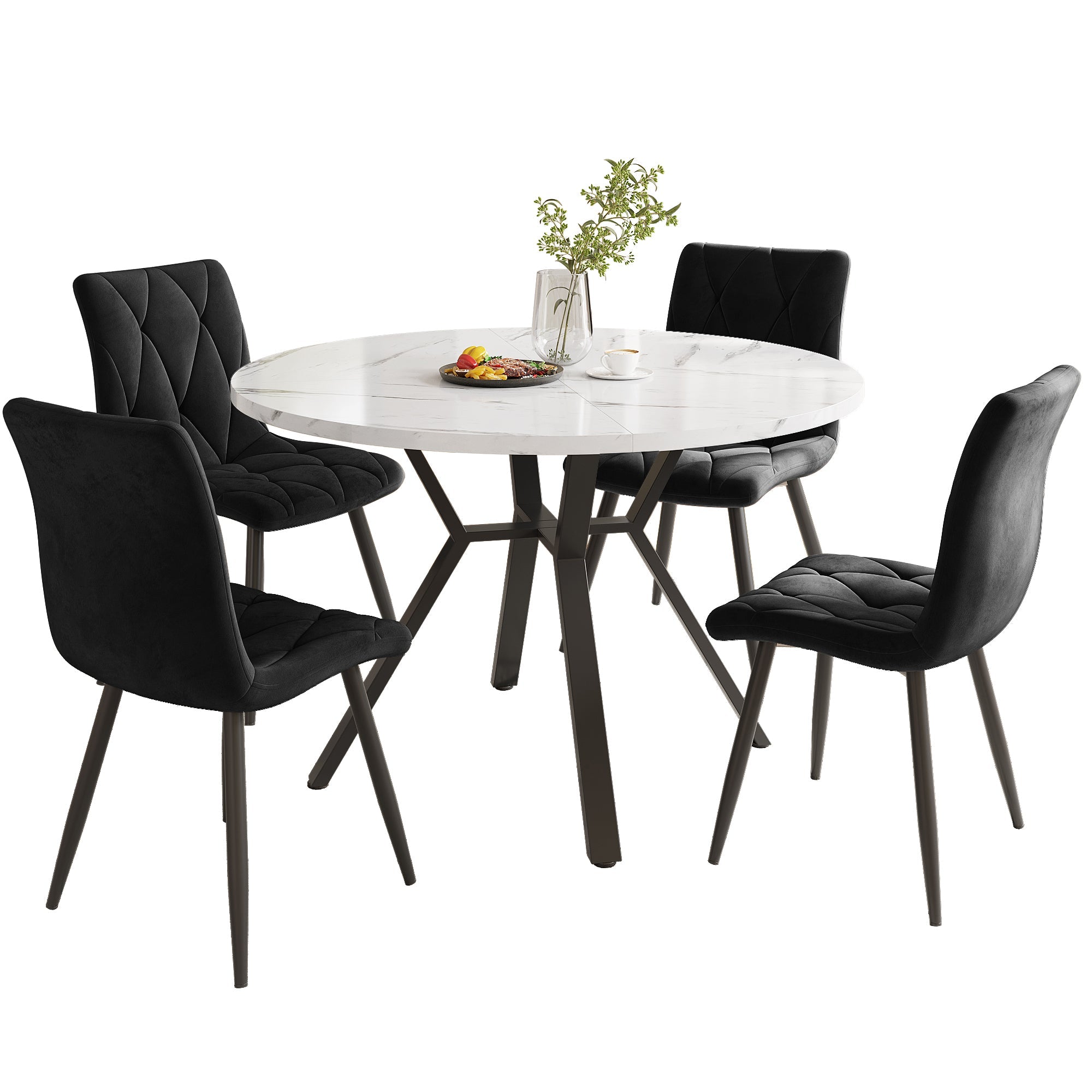 Logidon eettafel en stoelenset 5-delig rond wit marmerlook