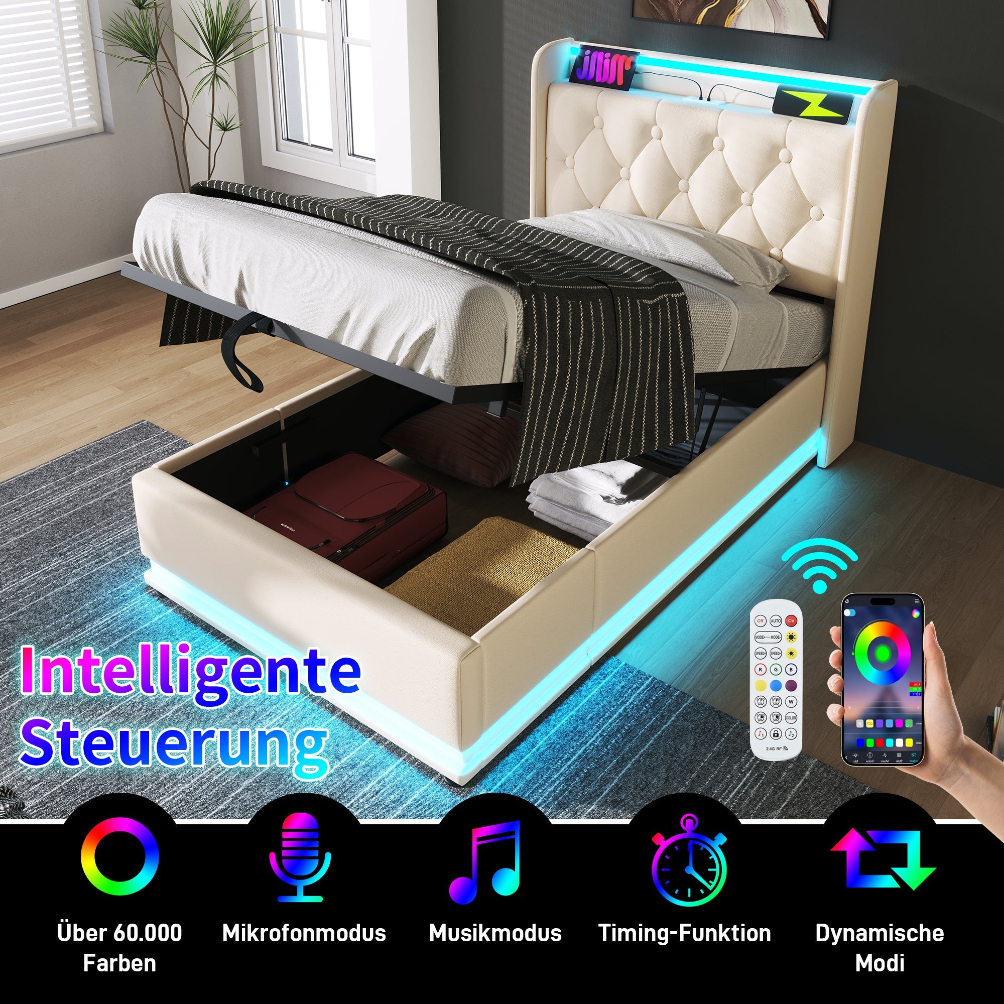 Logidon gestoffeerd bed eenpersoons 90x200 cm wit PU 360 SurroundLED USB C oplaadfunctie