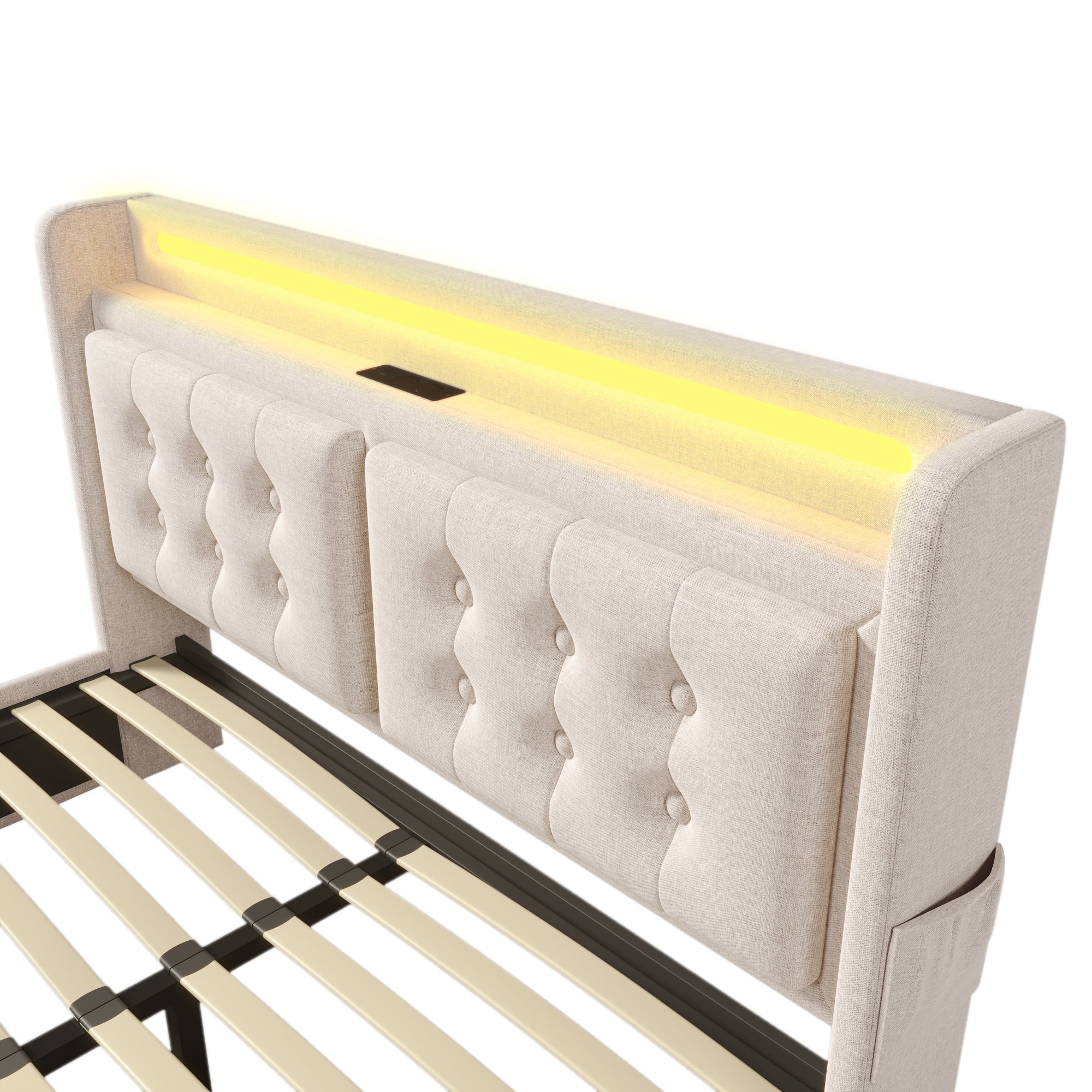 Logidon gestoffeerd bed 160x200 beige LED-hoofdbord USB-C oplaadfunctie