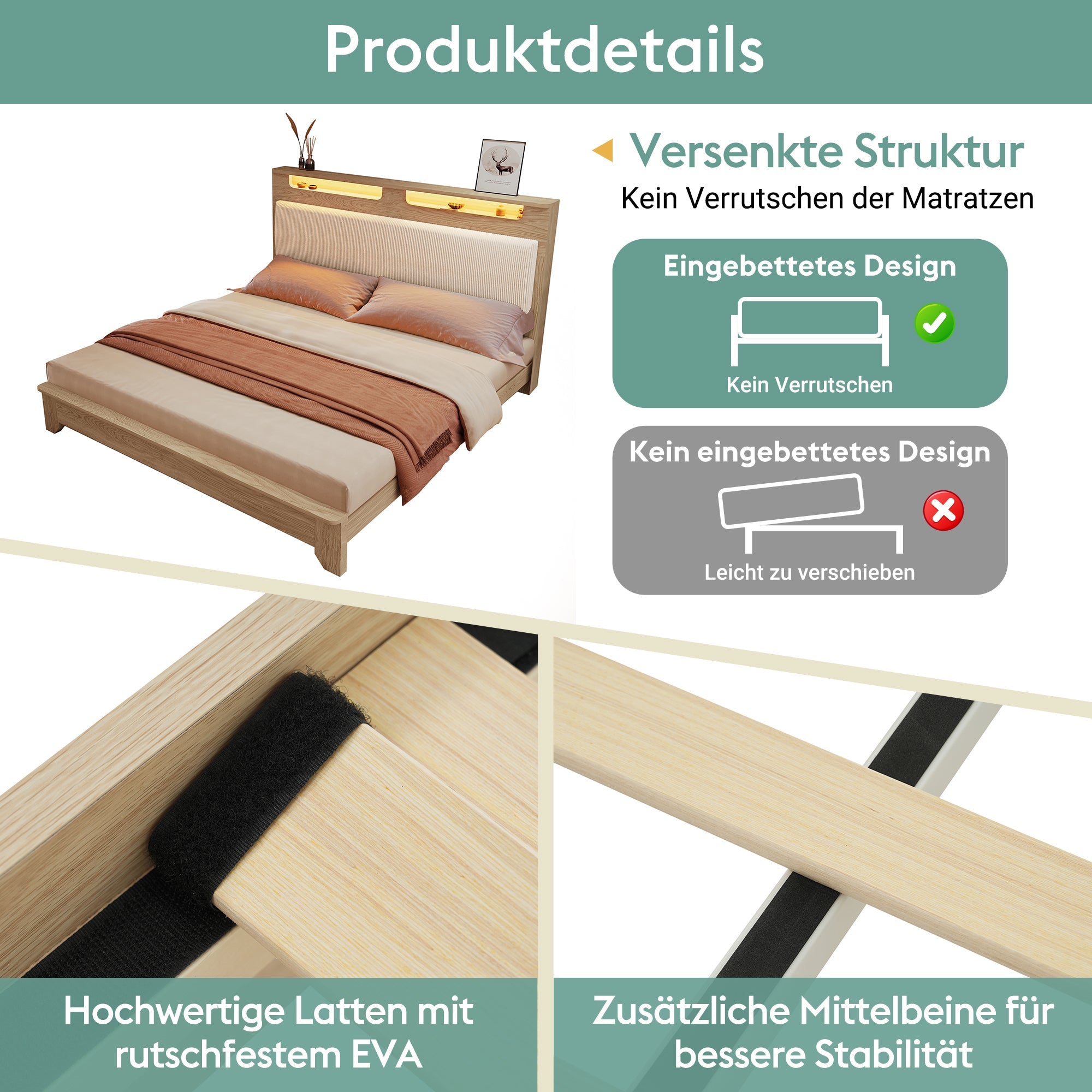 Logidon double bed 140x200 cm beige LED lighting headboard storage space